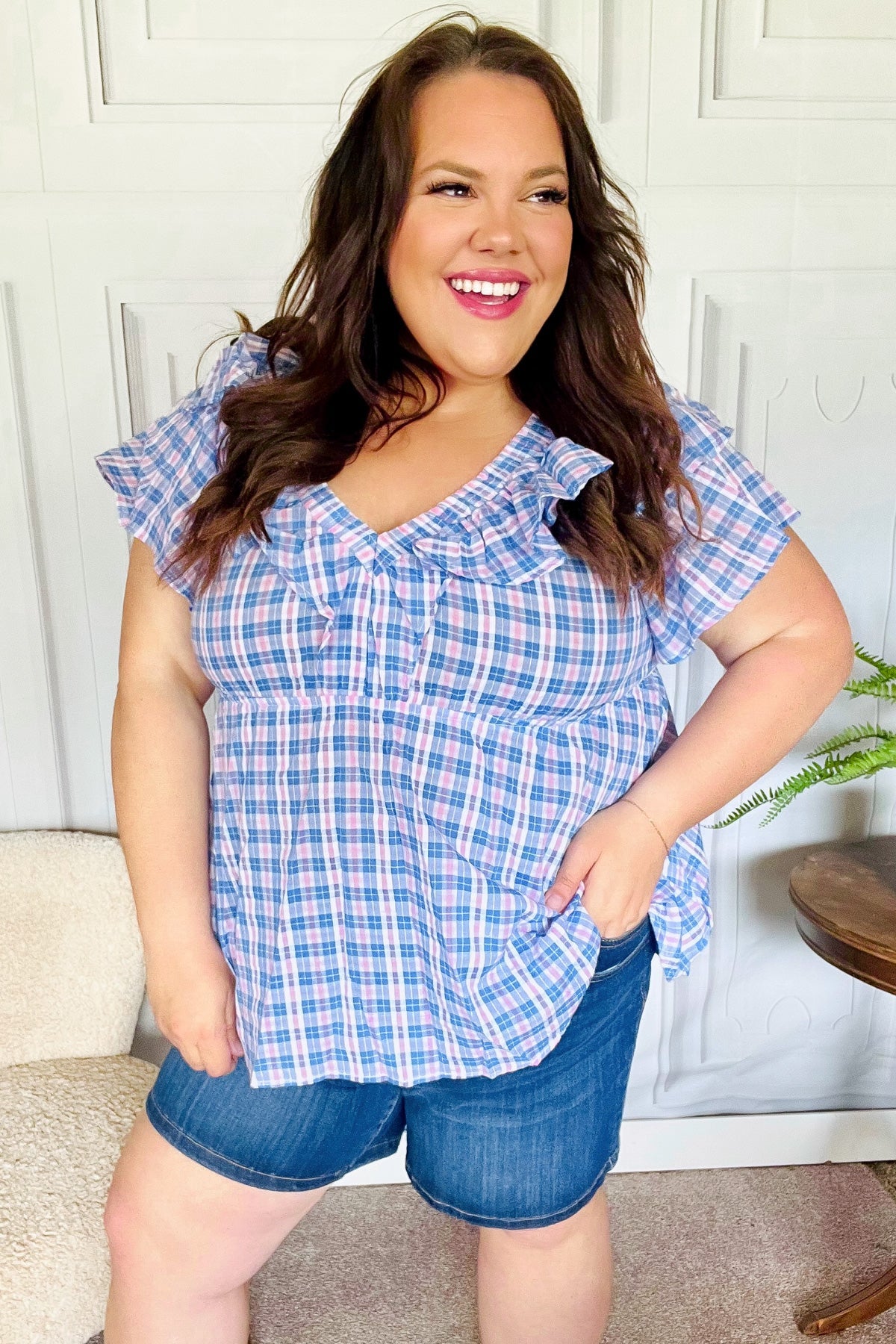 Large Haptics Hello Beautiful Blue Plaid V Neck Ruffle Elastic Babydoll Top
