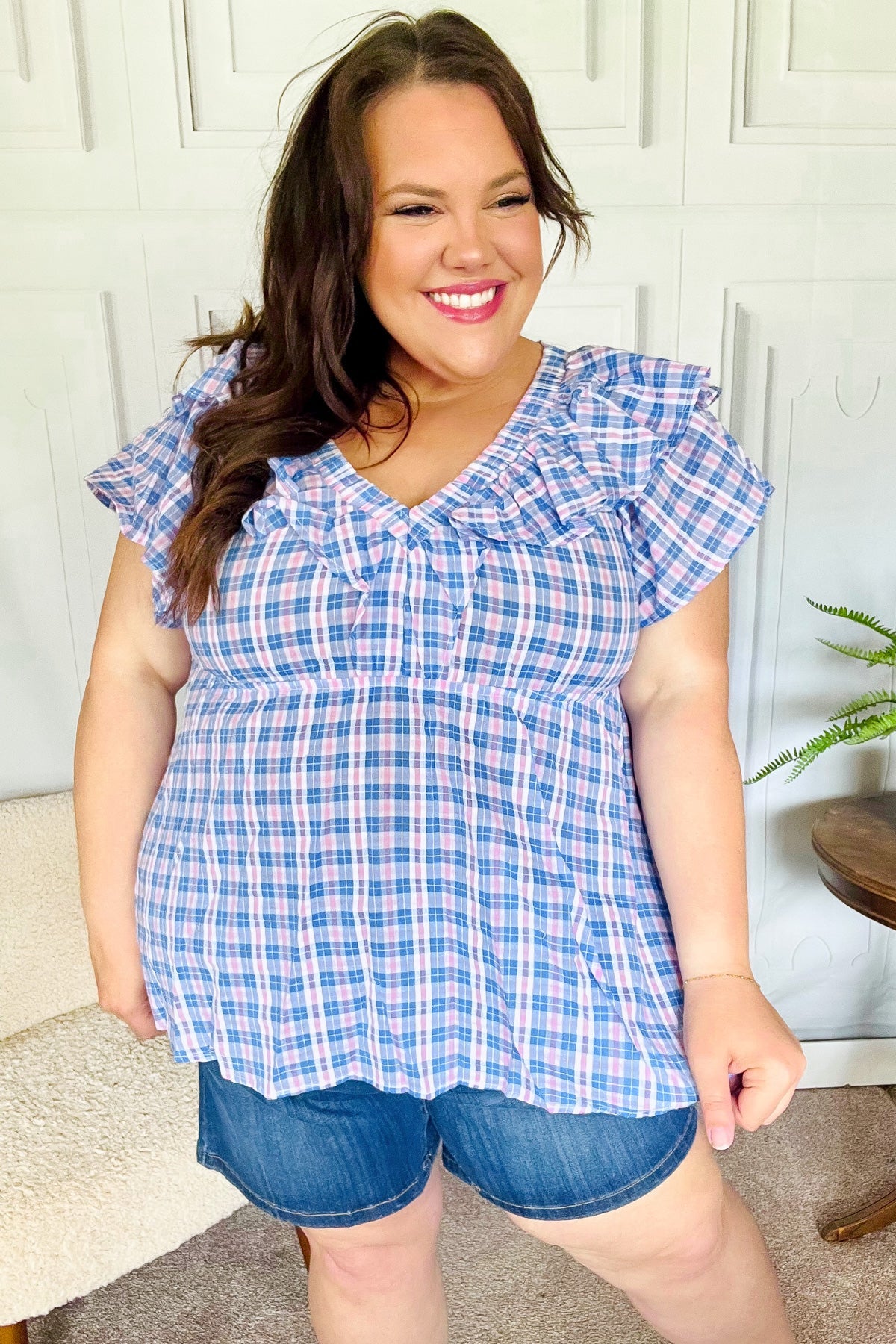 Large Haptics Hello Beautiful Blue Plaid V Neck Ruffle Elastic Babydoll Top