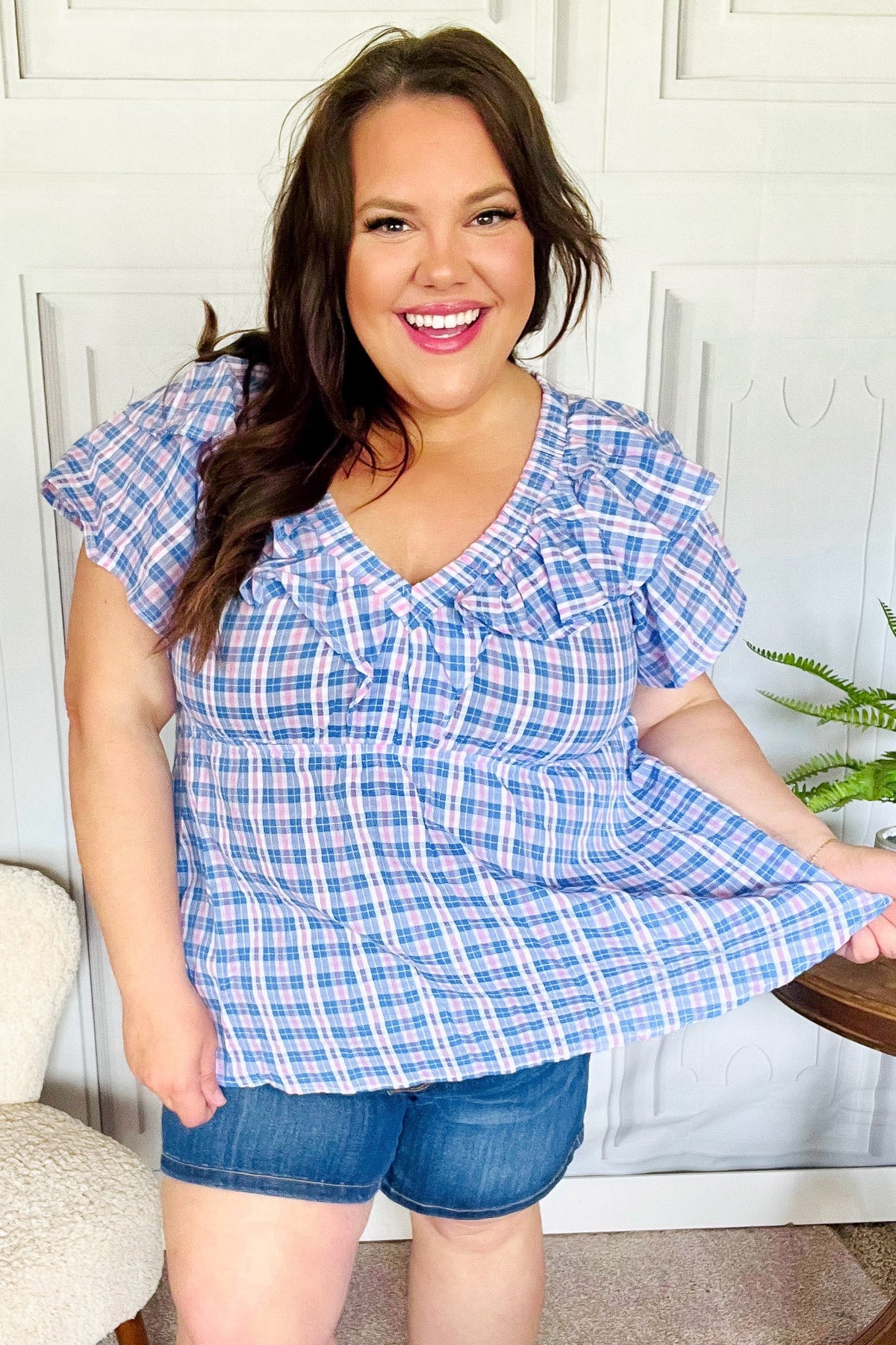 Large Haptics Hello Beautiful Blue Plaid V Neck Ruffle Elastic Babydoll Top