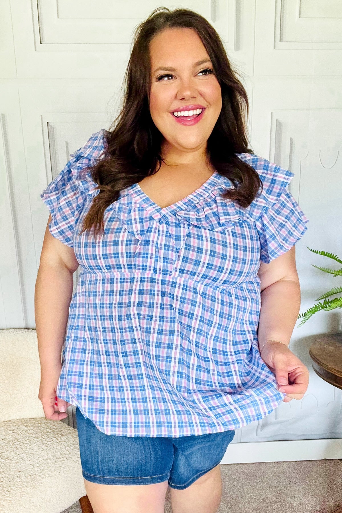 Large Haptics Hello Beautiful Blue Plaid V Neck Ruffle Elastic Babydoll Top