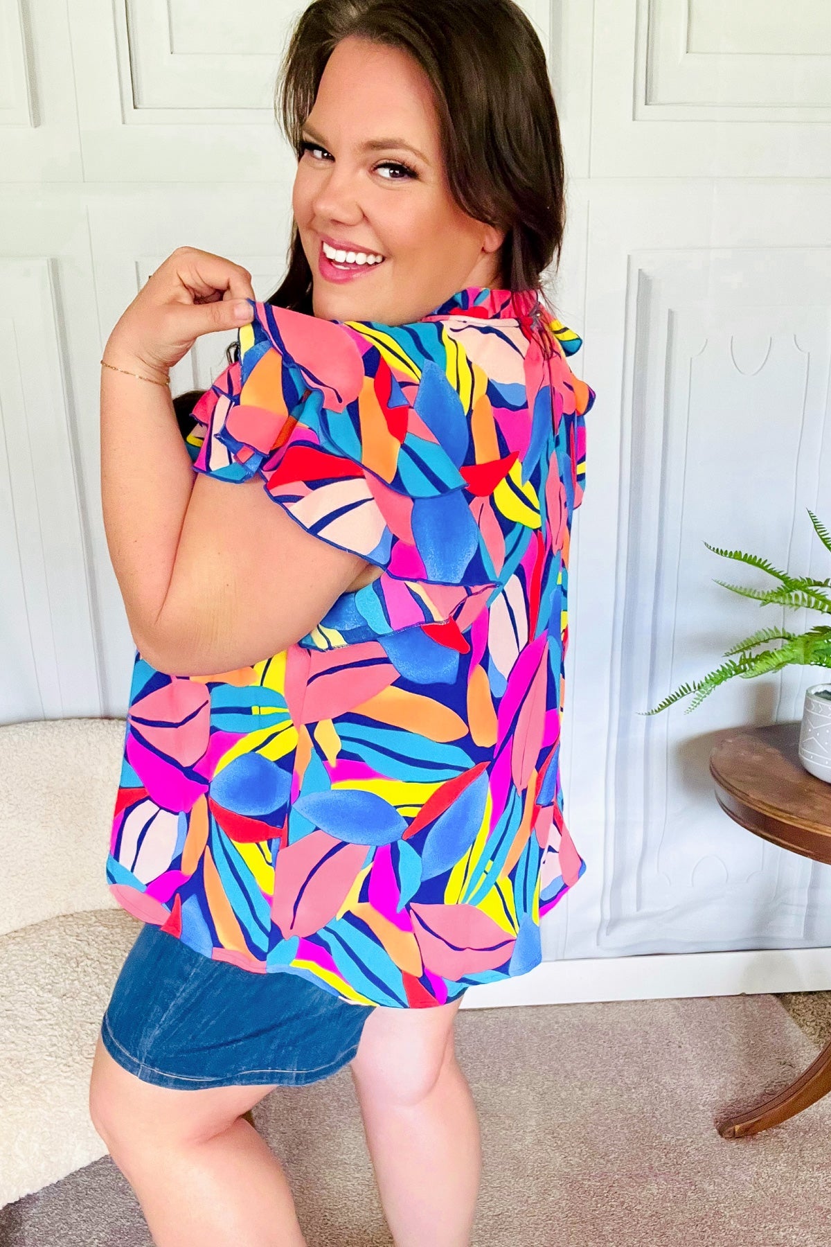 Haptics Tropical Vibes Blue & Pink Mock Neck Flutter Sleeve Top Final Sale