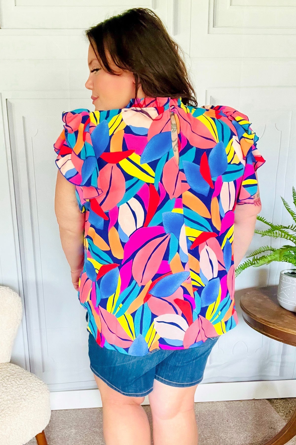 Haptics Tropical Vibes Blue & Pink Mock Neck Flutter Sleeve Top Final Sale
