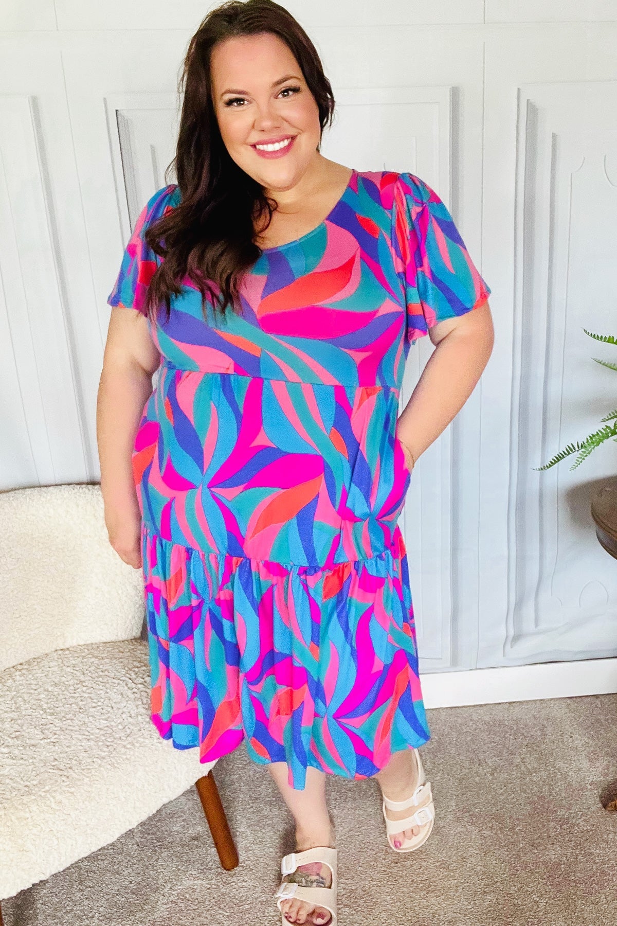 Haptics Remember Me Blue & Fuchsia Geo Print V Neck Dress