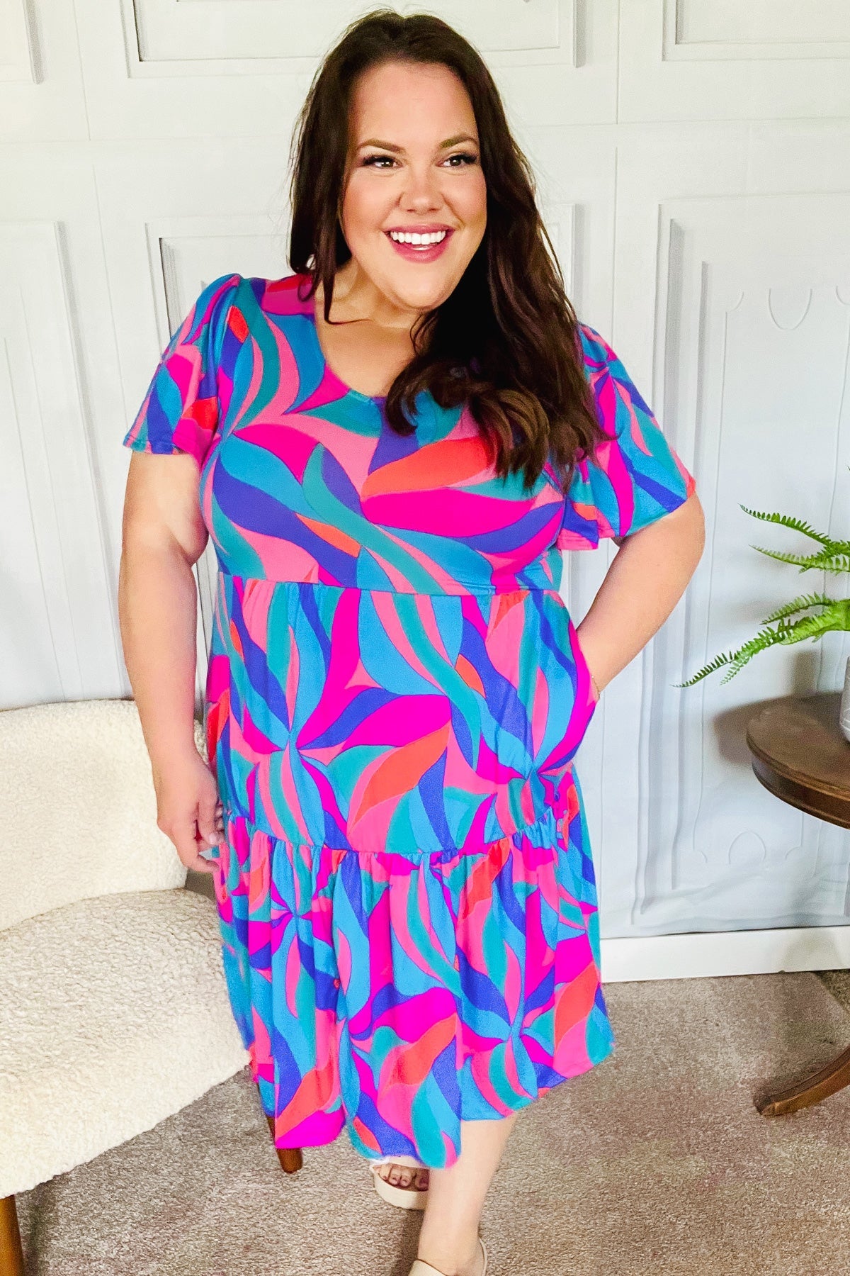 Haptics Remember Me Blue & Fuchsia Geo Print V Neck Dress