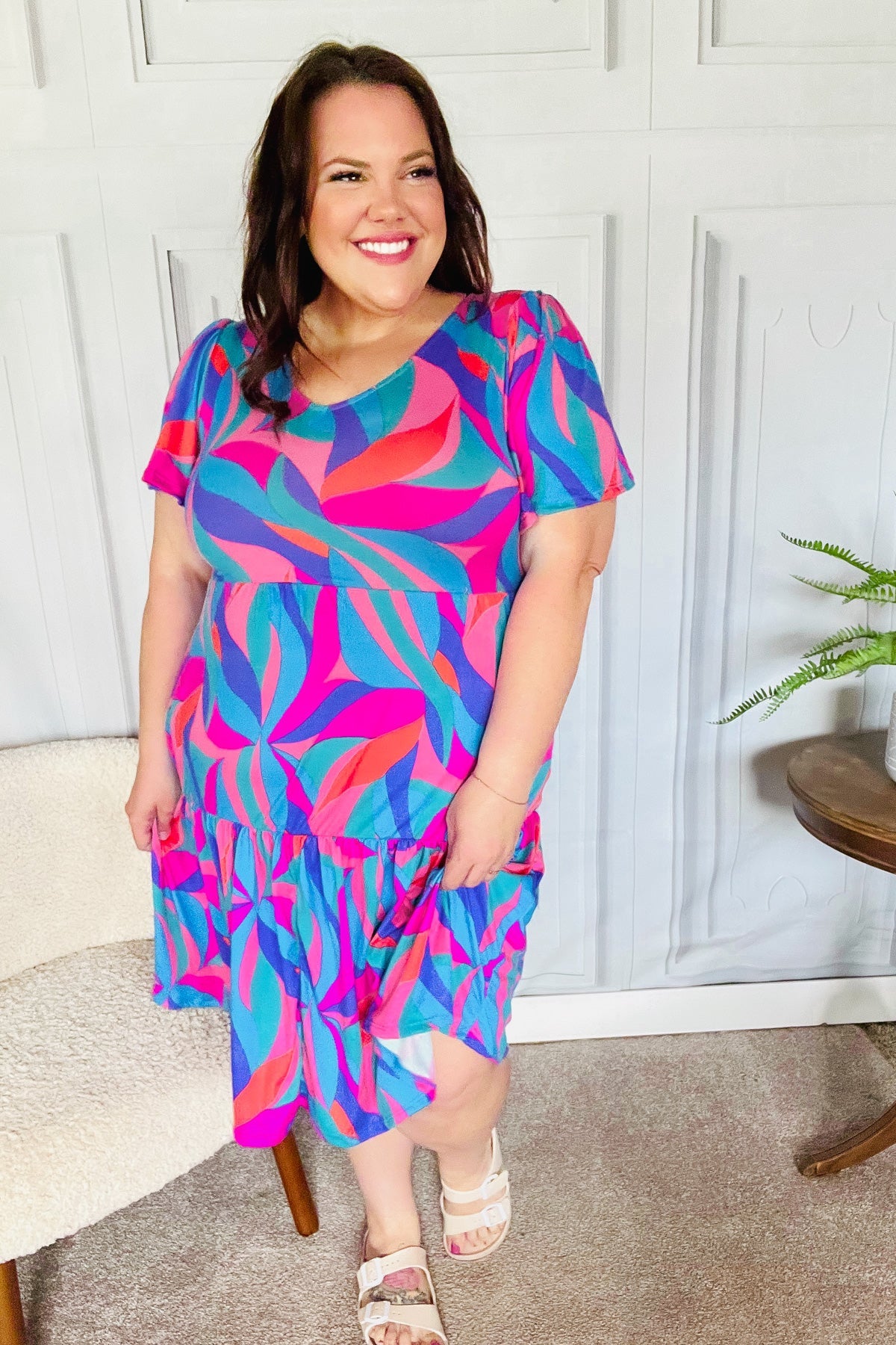 Haptics Remember Me Blue & Fuchsia Geo Print V Neck Dress
