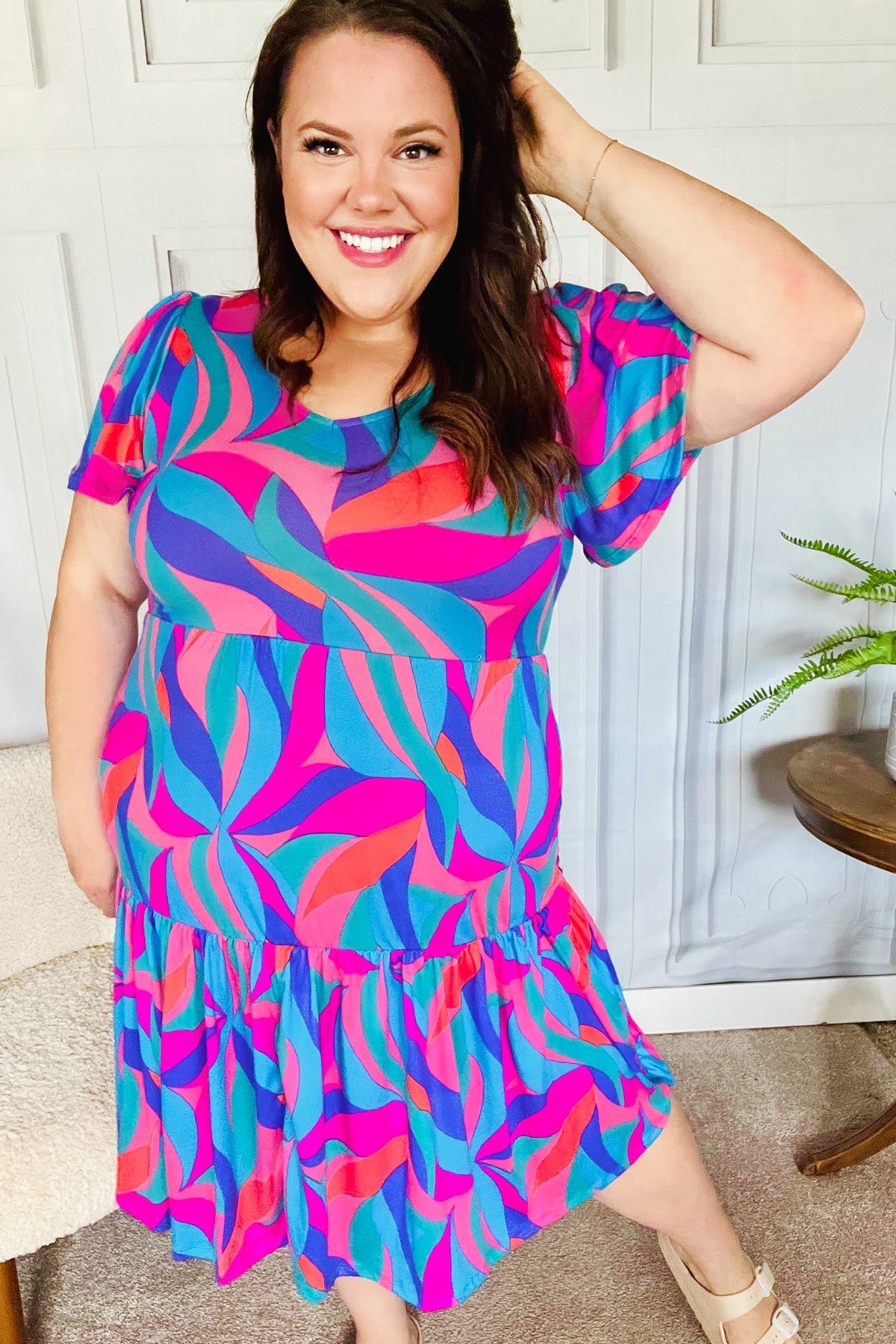 Haptics Remember Me Blue & Fuchsia Geo Print V Neck Dress