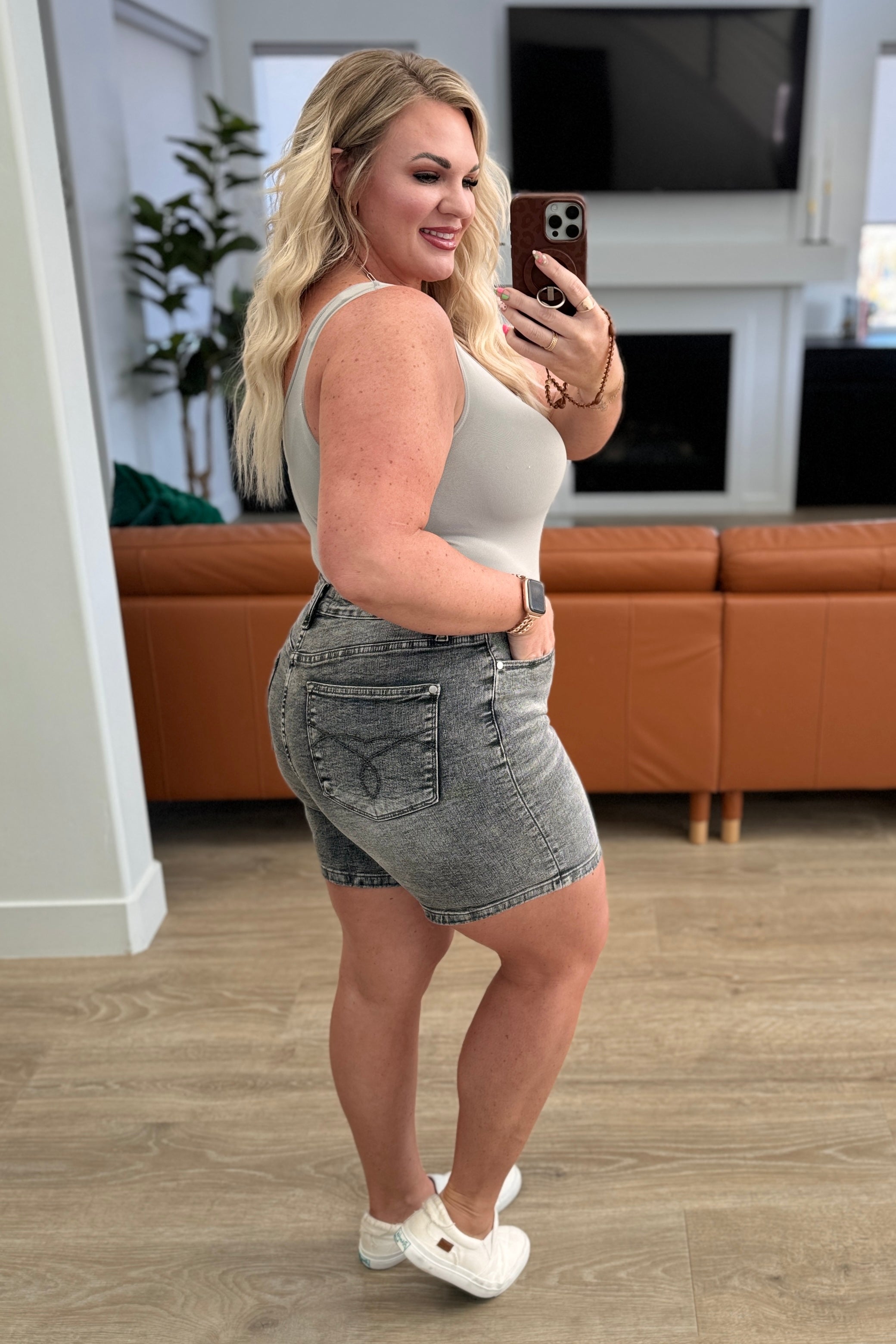 Judy Blue Greyson High Rise Button Fly Cuffed Shorts in Grey Denim