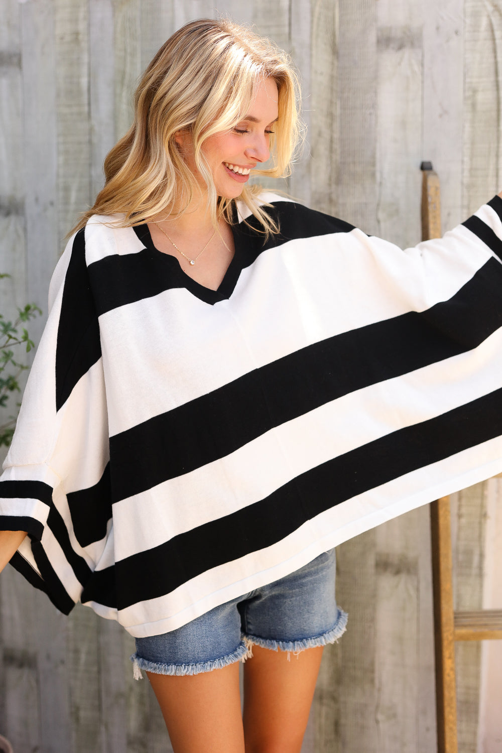 First Love Black/White Stripe Dolman Notch Neck Sweater Poncho