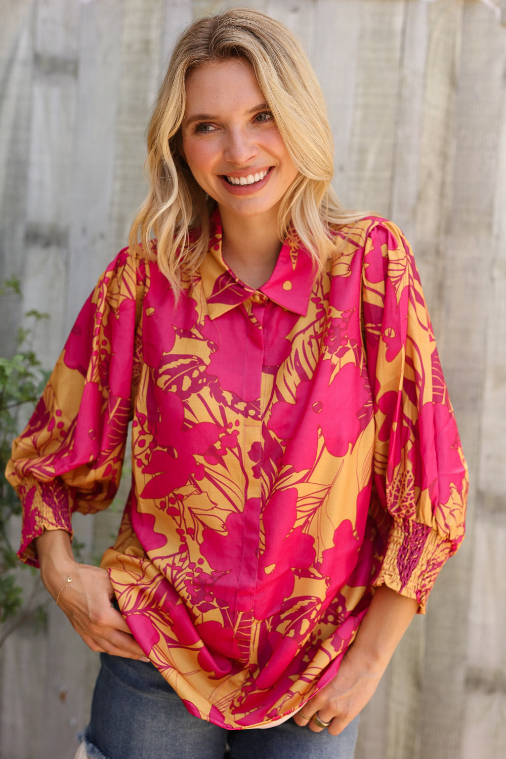 First Love Fuchsia & Gold Satin Button-Down Smock Long Sleeve Bouse