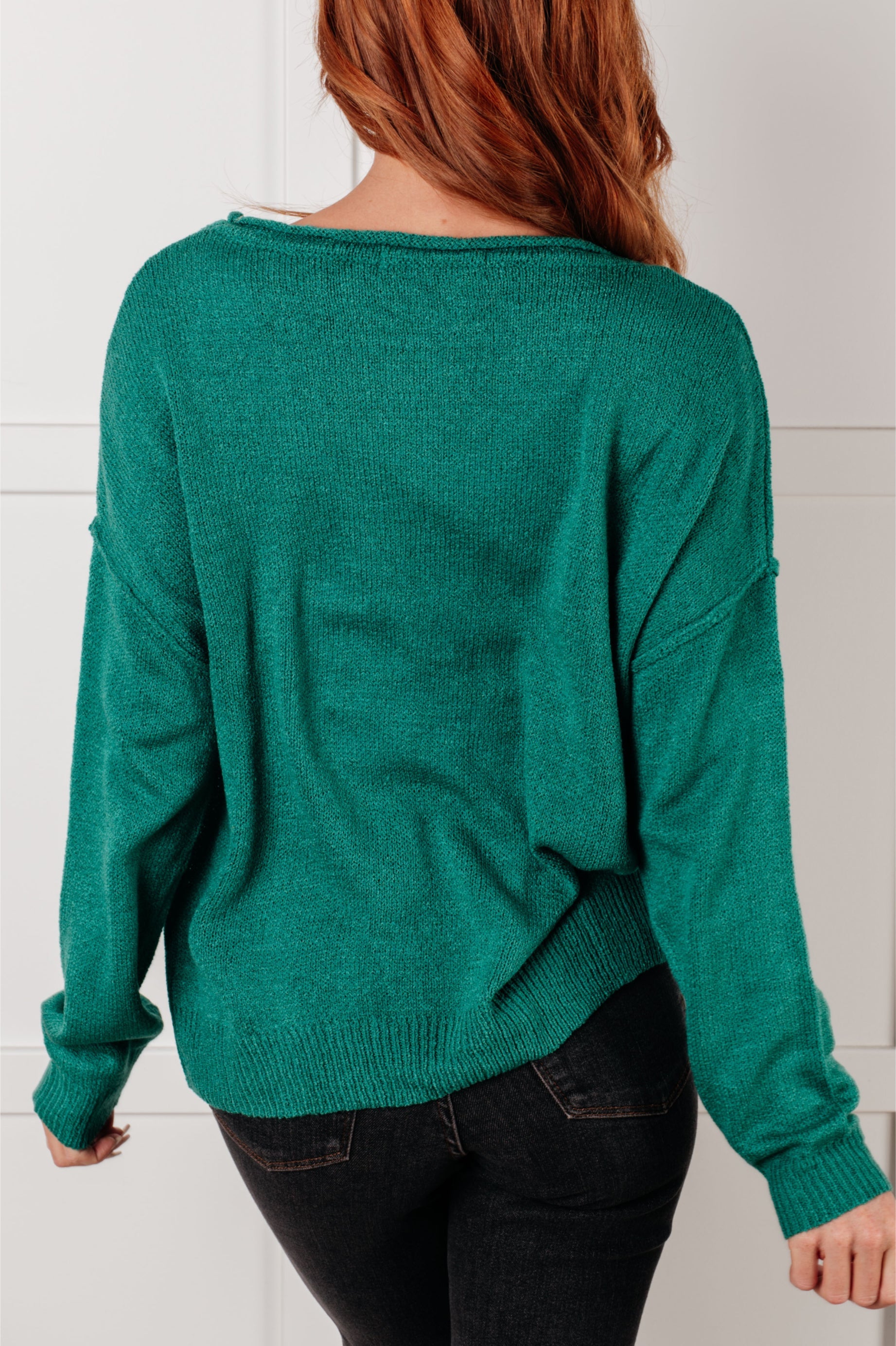 One Eleven North In Stitches Drop Shoulder Sweater in Green Tops