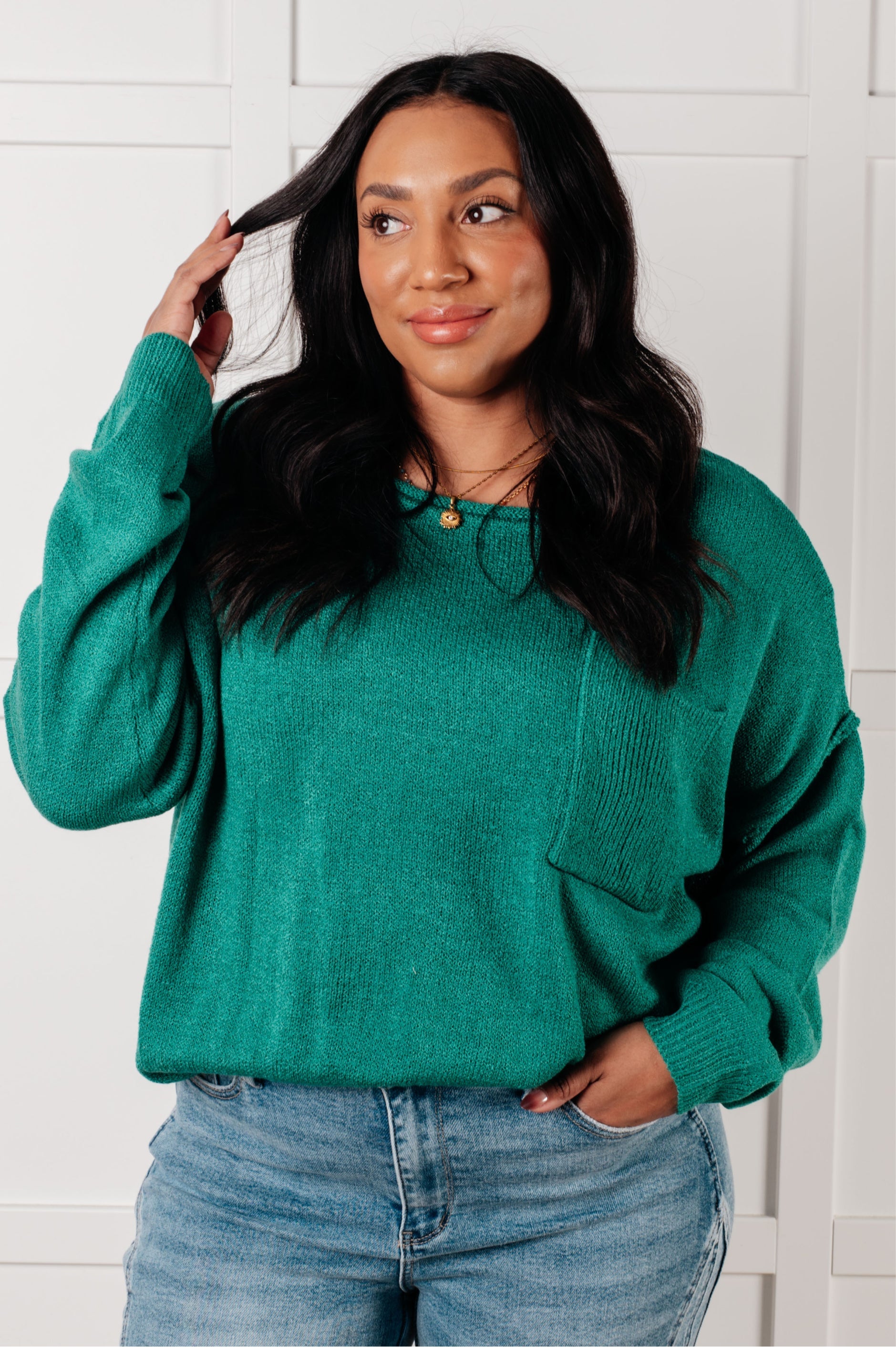 One Eleven North In Stitches Drop Shoulder Sweater in Green Tops