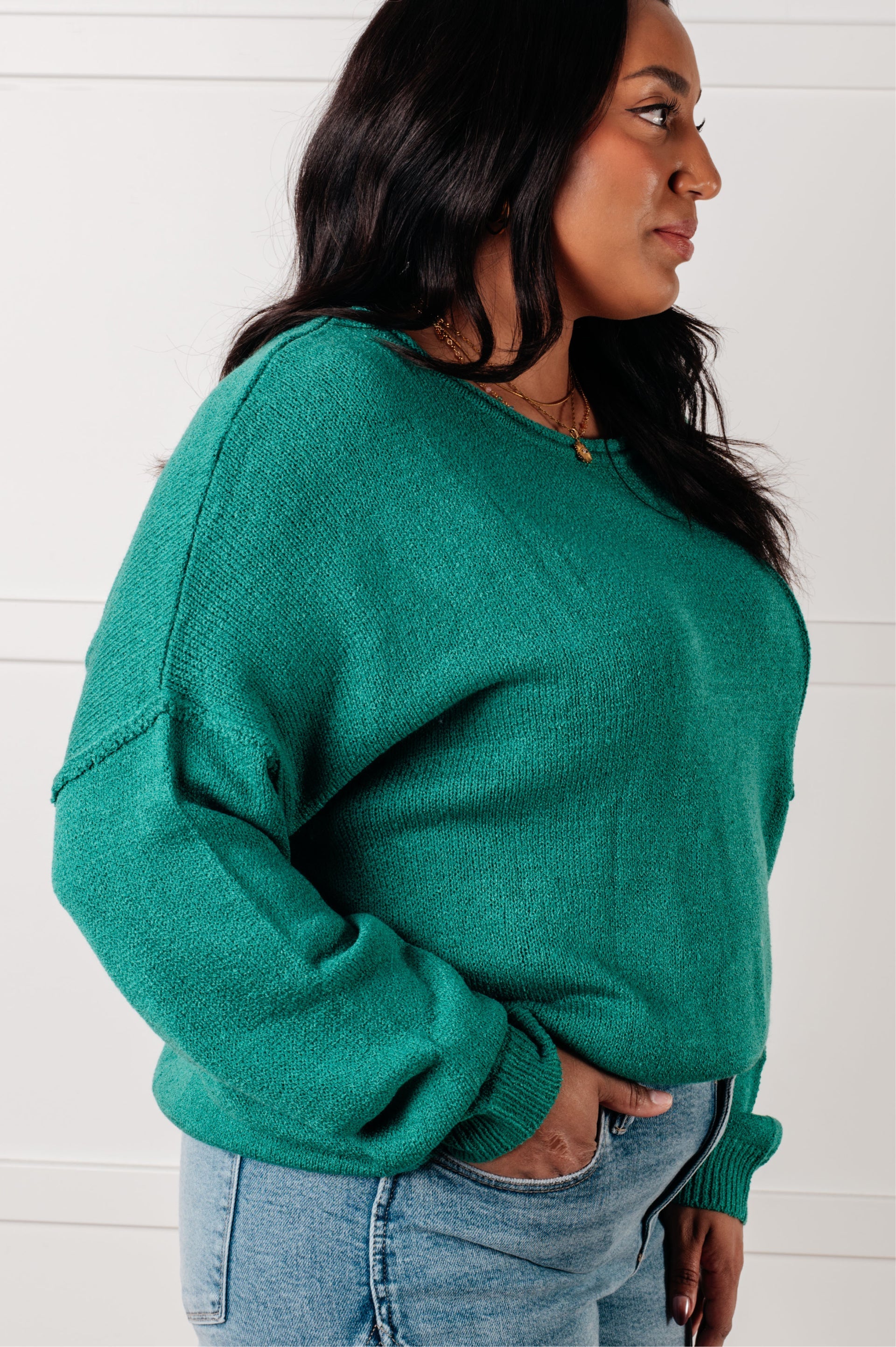 One Eleven North In Stitches Drop Shoulder Sweater in Green Tops
