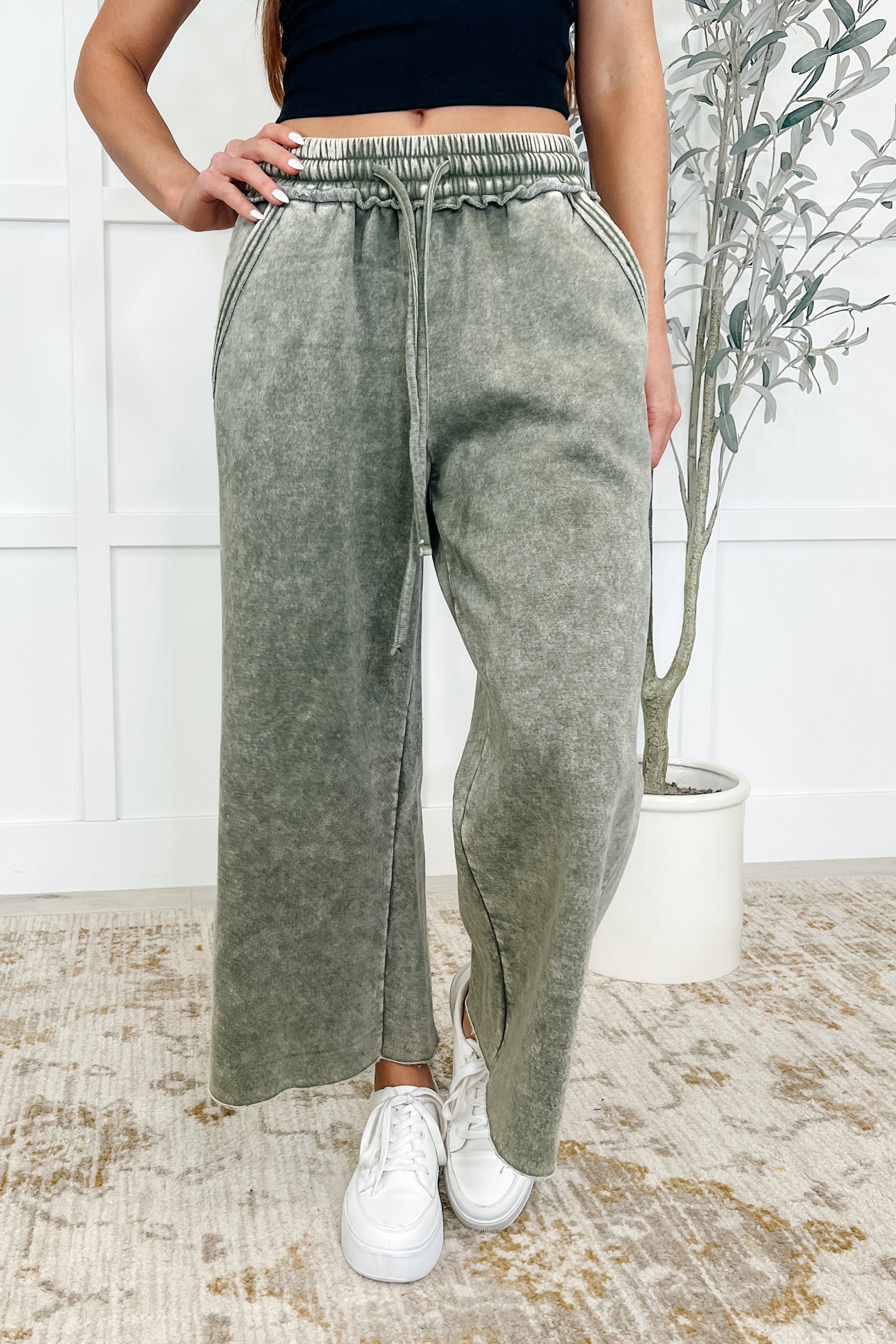 Zenana In or Out Wide Leg Cropped Pants Lt Olive Womens