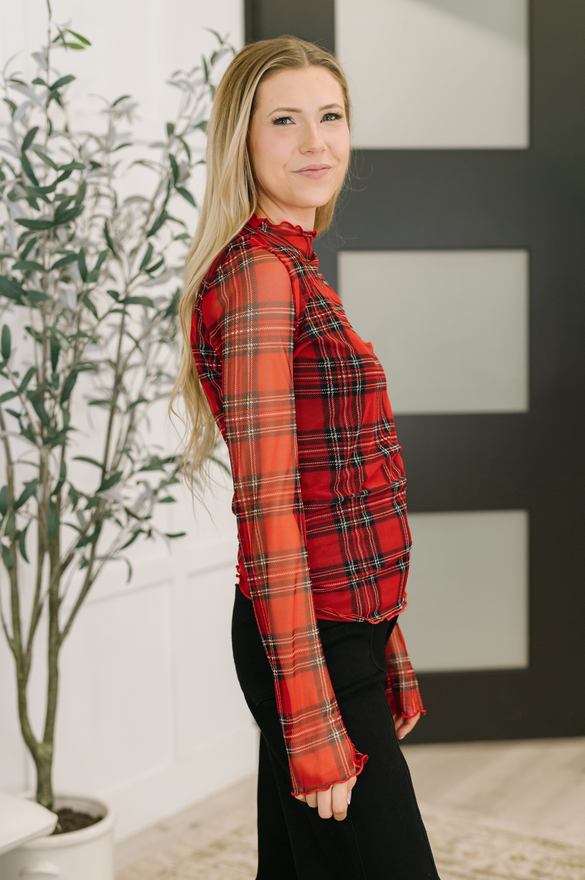 Haptics In the Present Plaid Mesh Layering Top in Red Womens