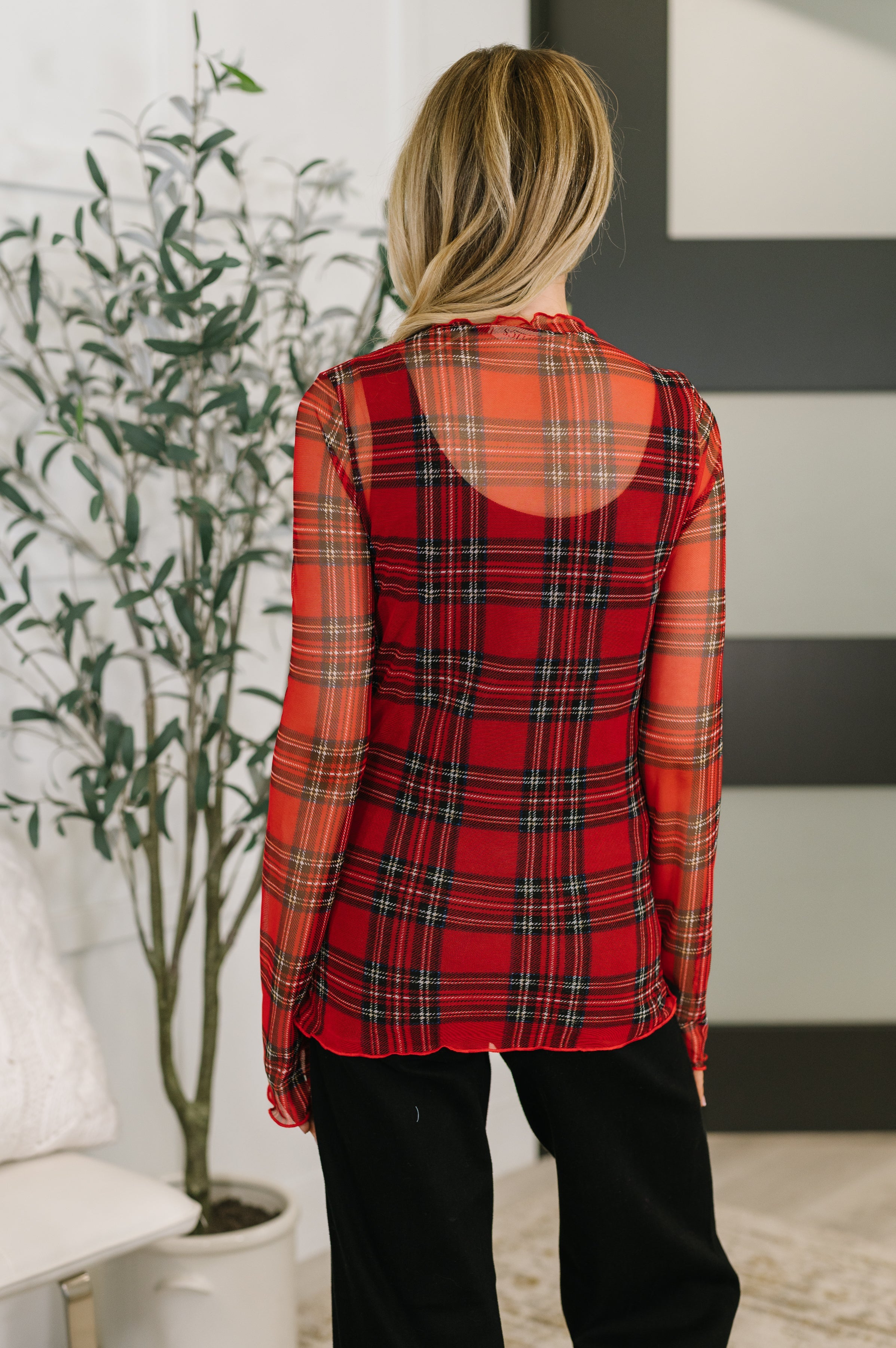 Haptics In the Present Plaid Mesh Layering Top in Red Womens