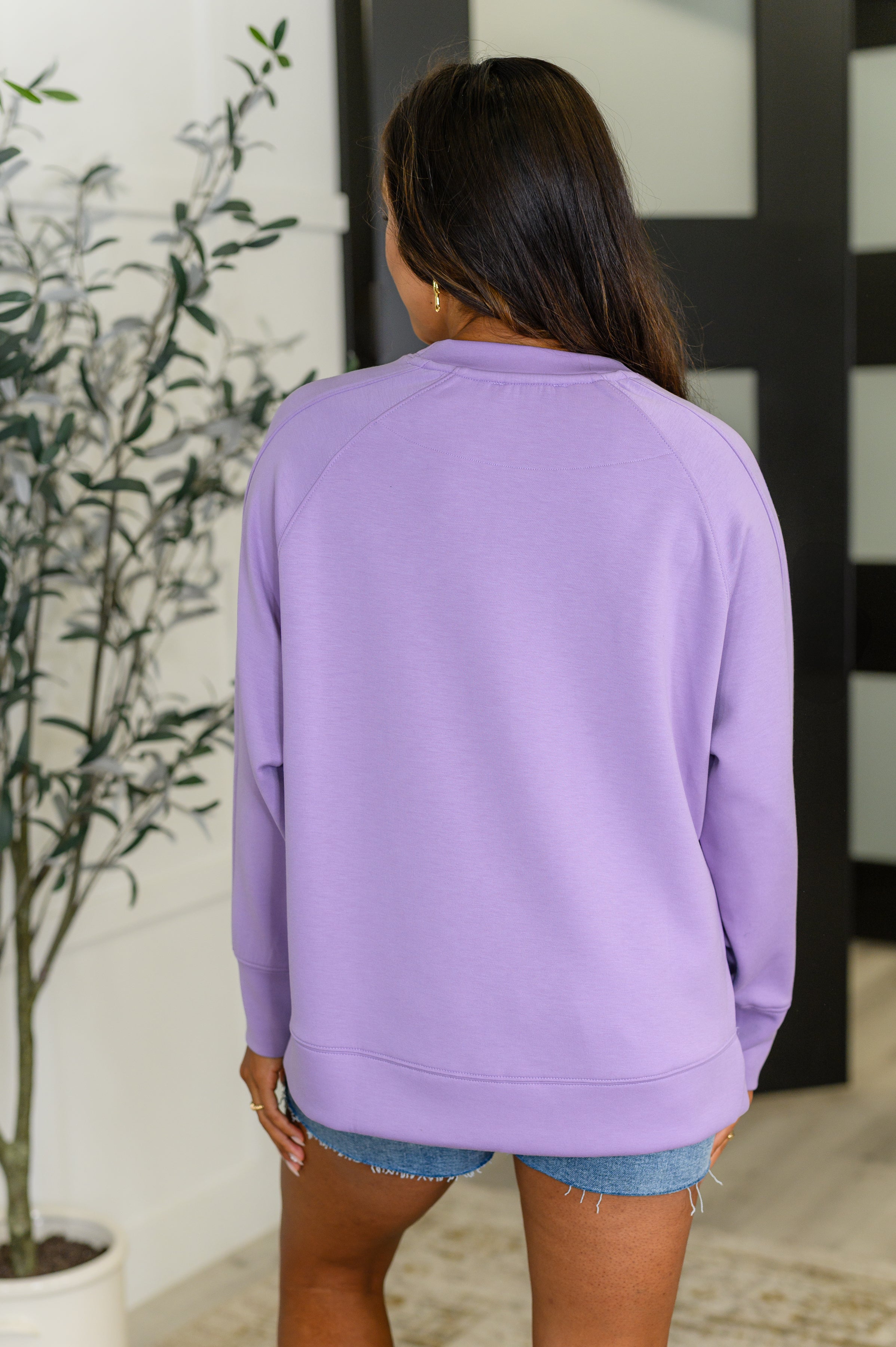 Zenana It's The Little Things Relaxed Scuba Pullover in Lavender Womens