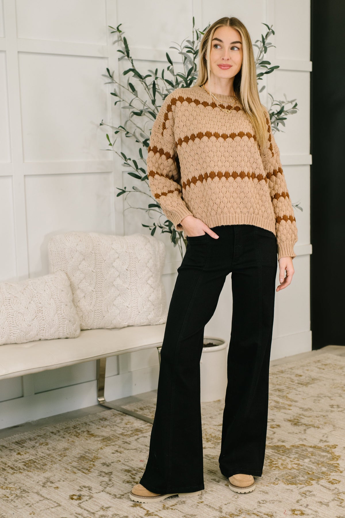 Haptics Ivy Lane Textured Sweater in Taupe Womens