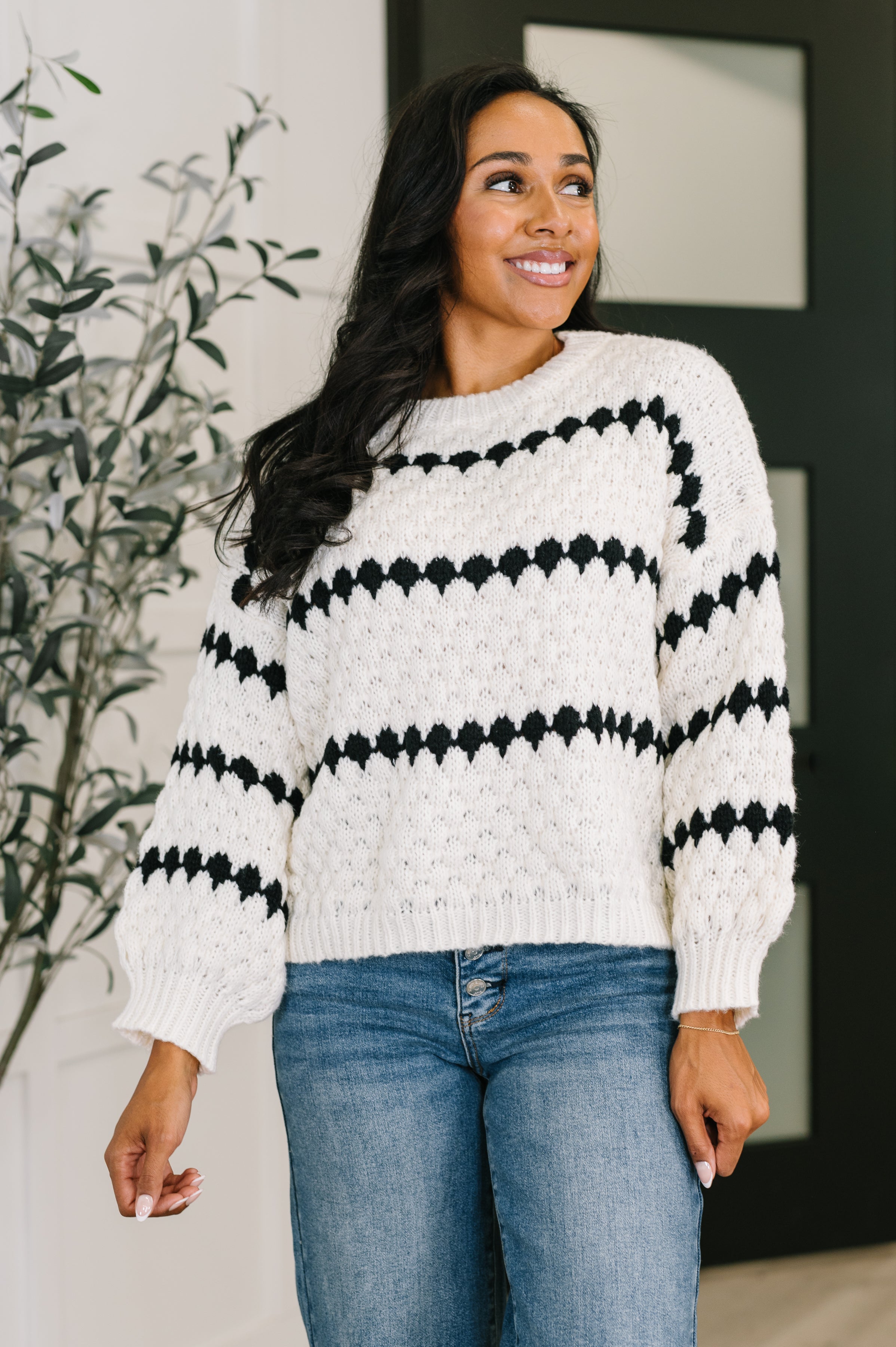 Haptics Ivy Lane Textured Sweater in White and Black Womens