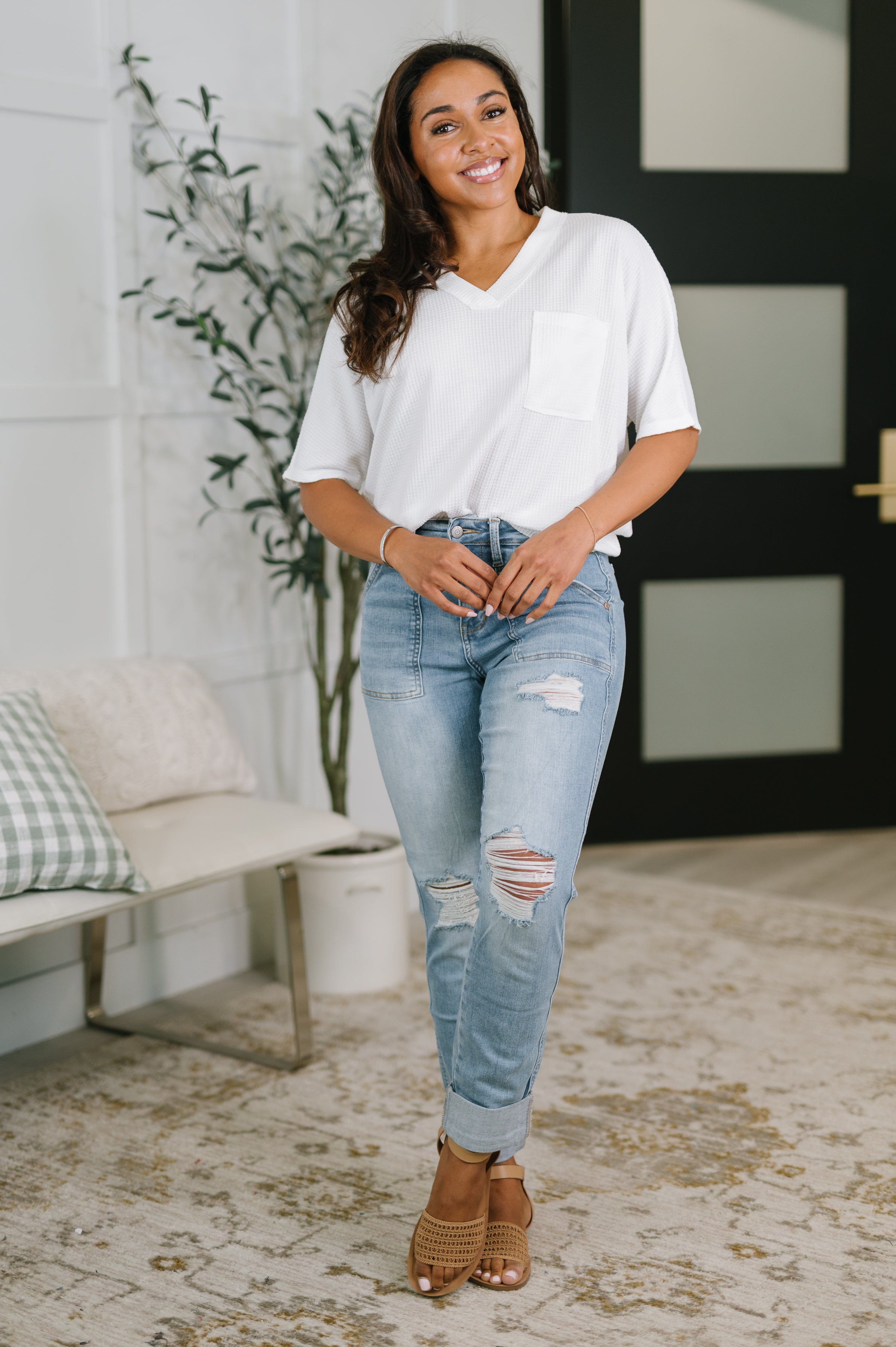 Aiden High Rise Patch Pocket Distressed Boyfriend Jeans Denim