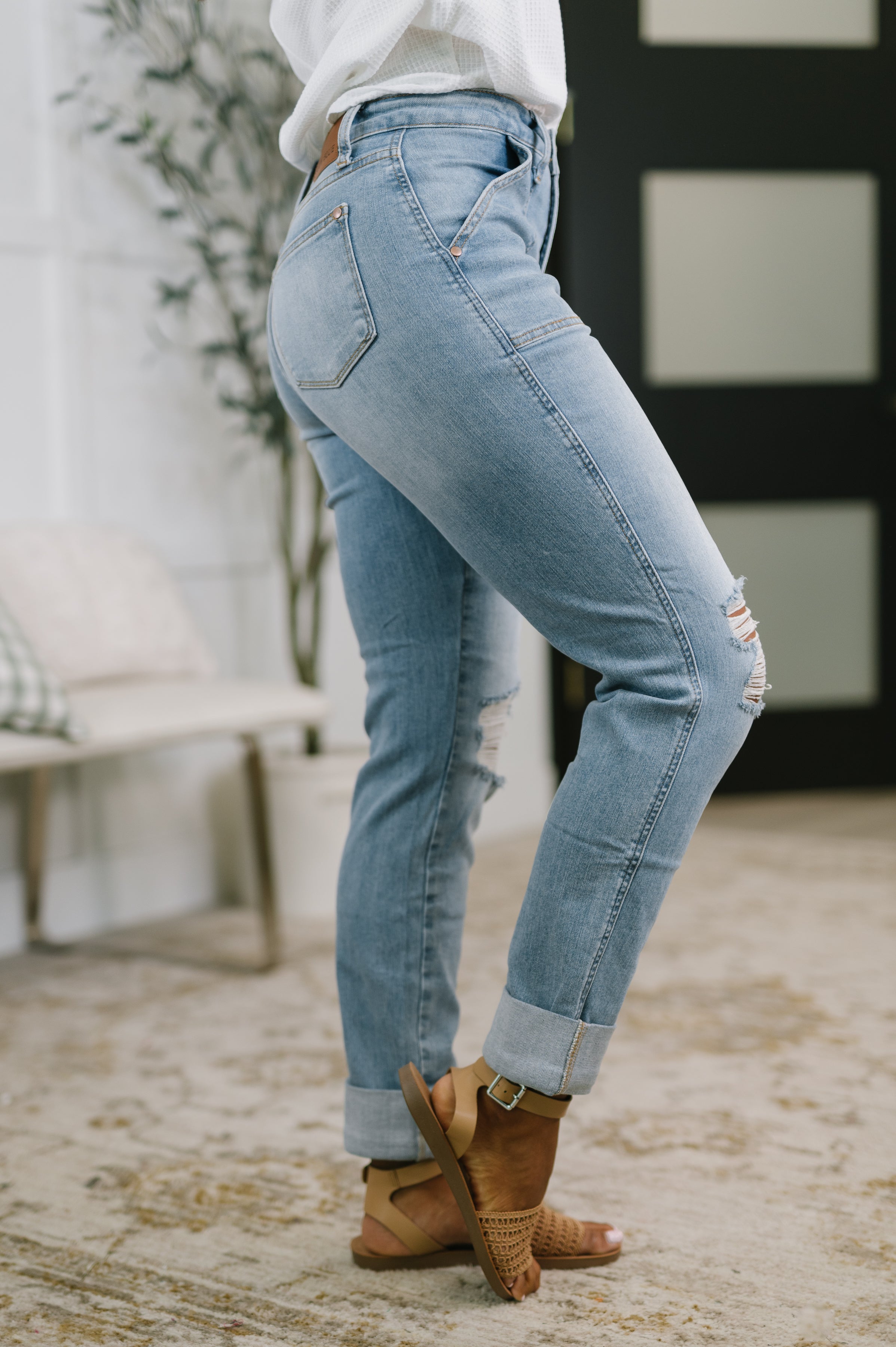 Aiden High Rise Patch Pocket Distressed Boyfriend Jeans Denim