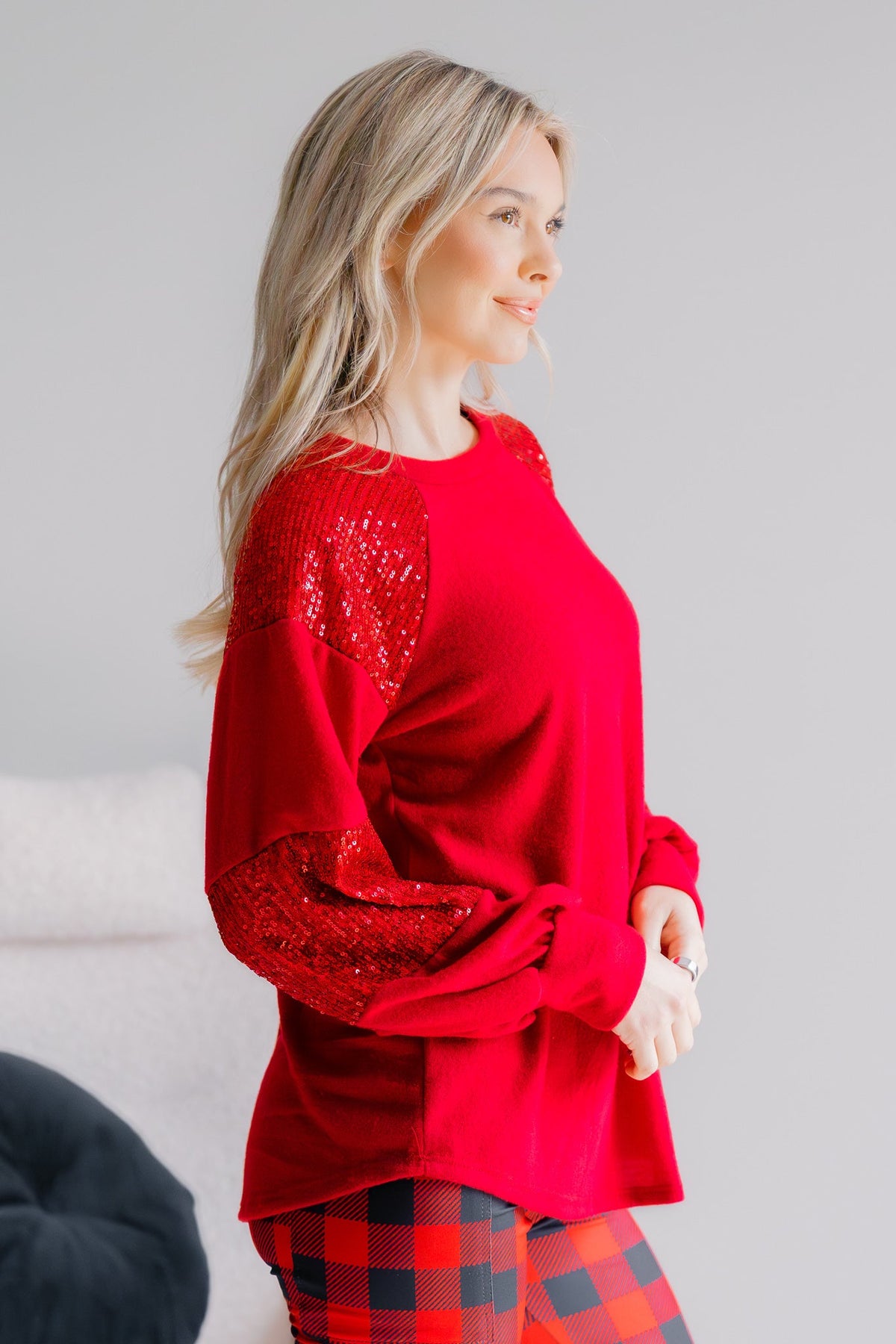 7th Ray Red Holly Belle Brushed Knit Long Sleeve Top