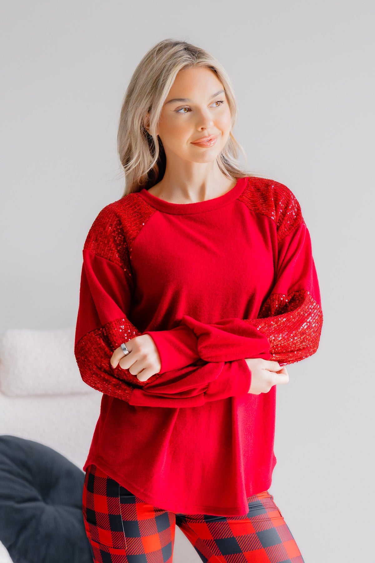 7th Ray Red Holly Belle Brushed Knit Long Sleeve Top