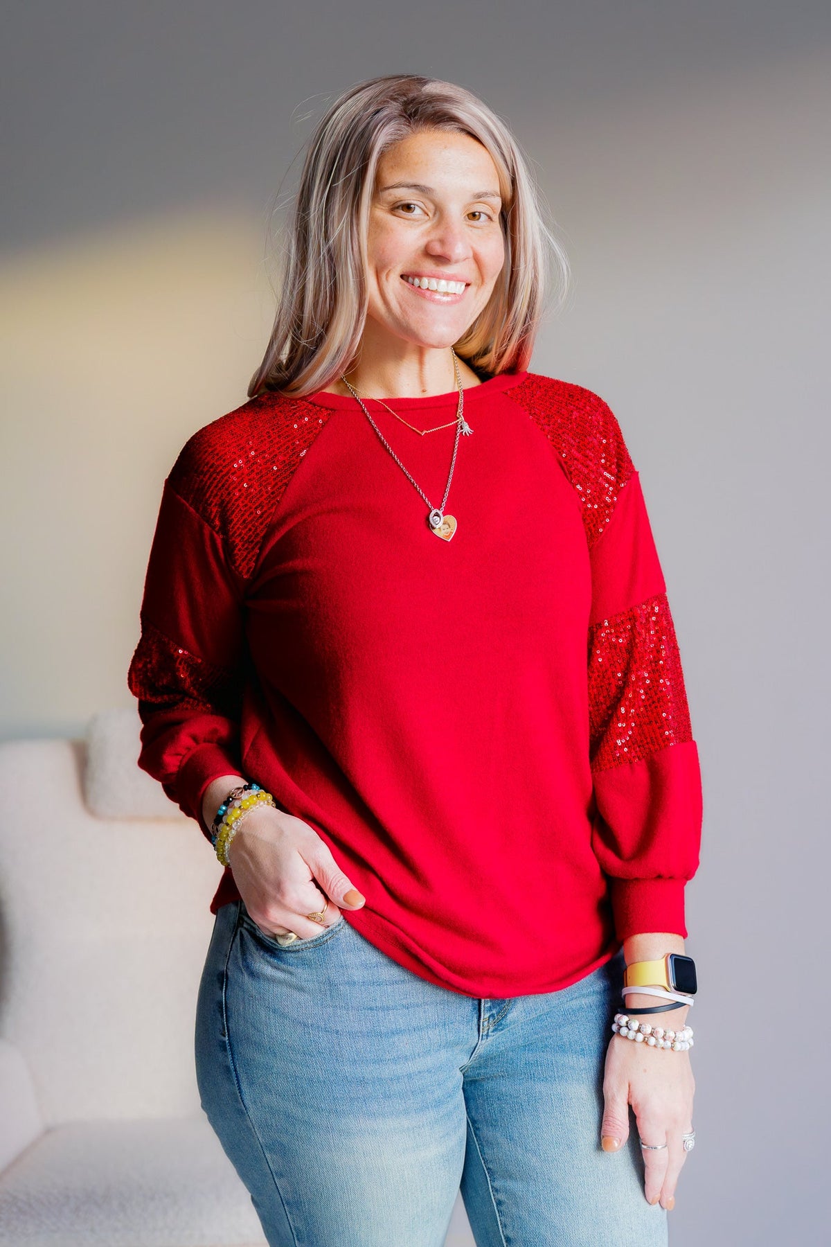 7th Ray Red Holly Belle Brushed Knit Long Sleeve Top