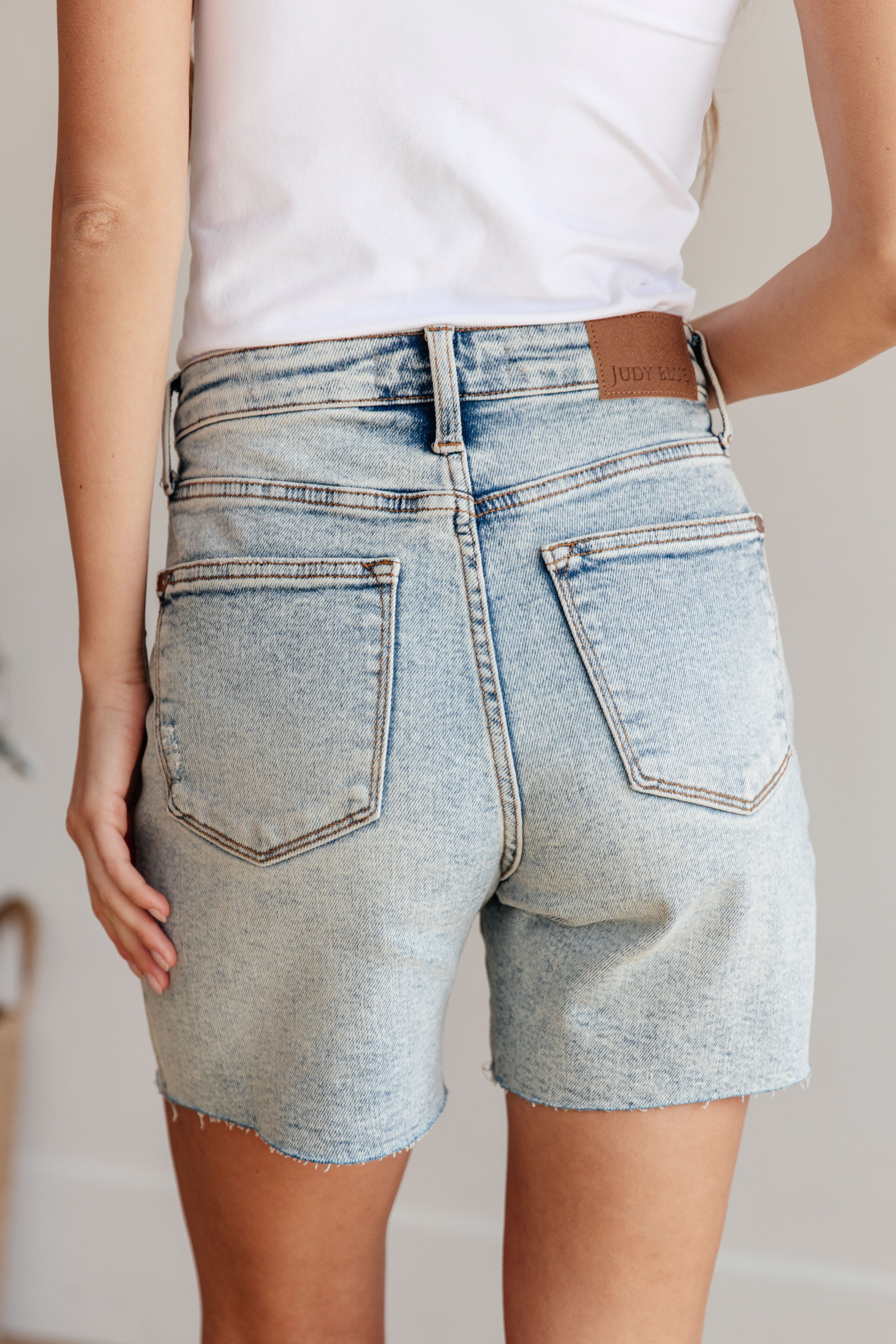 Judy Blue Cindy High Rise Mineral Wash Distressed Boyfriend Shorts Denim