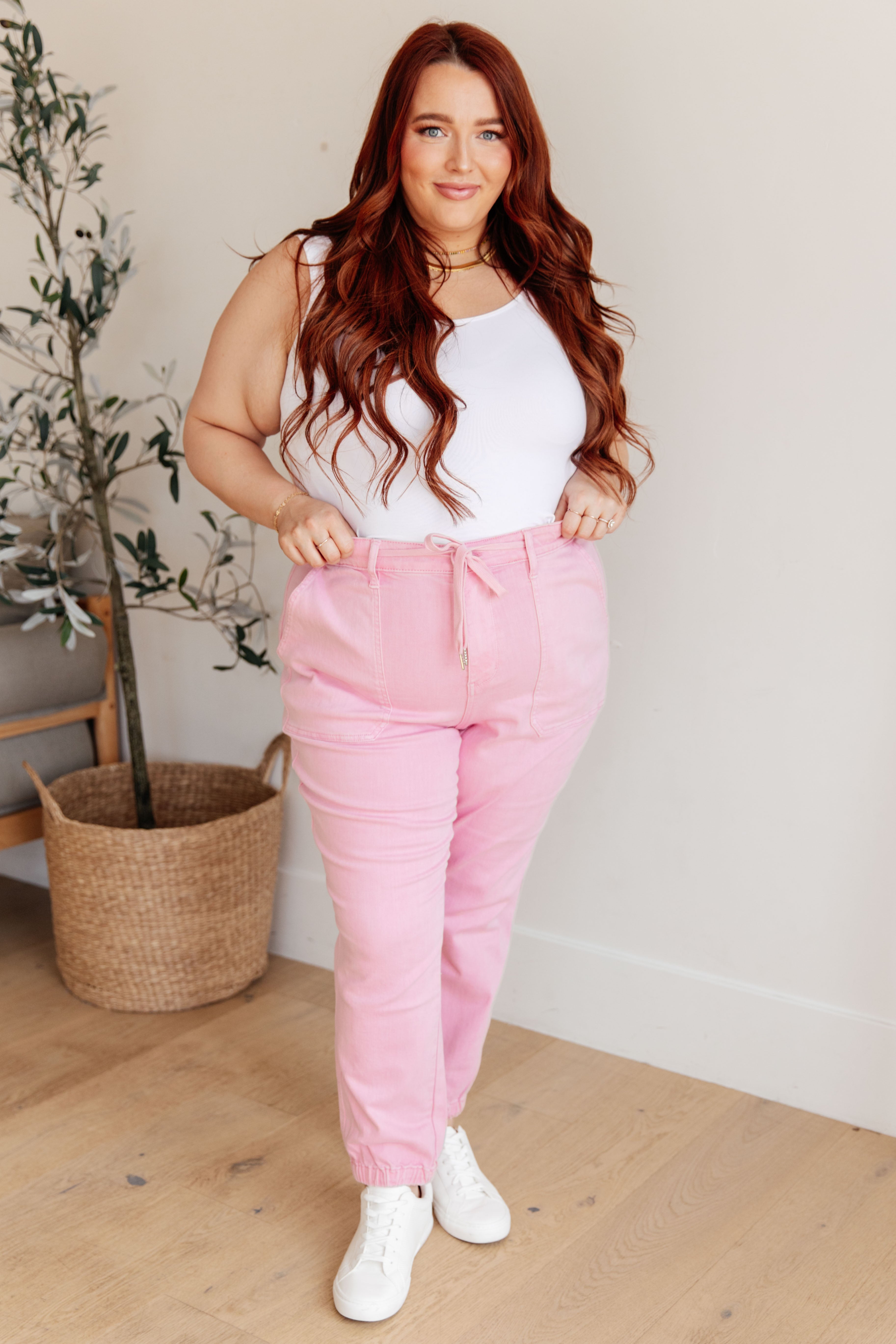 Judy Blue Regina High Rise Garment Dyed Denim Jogger in Pink Jeans
