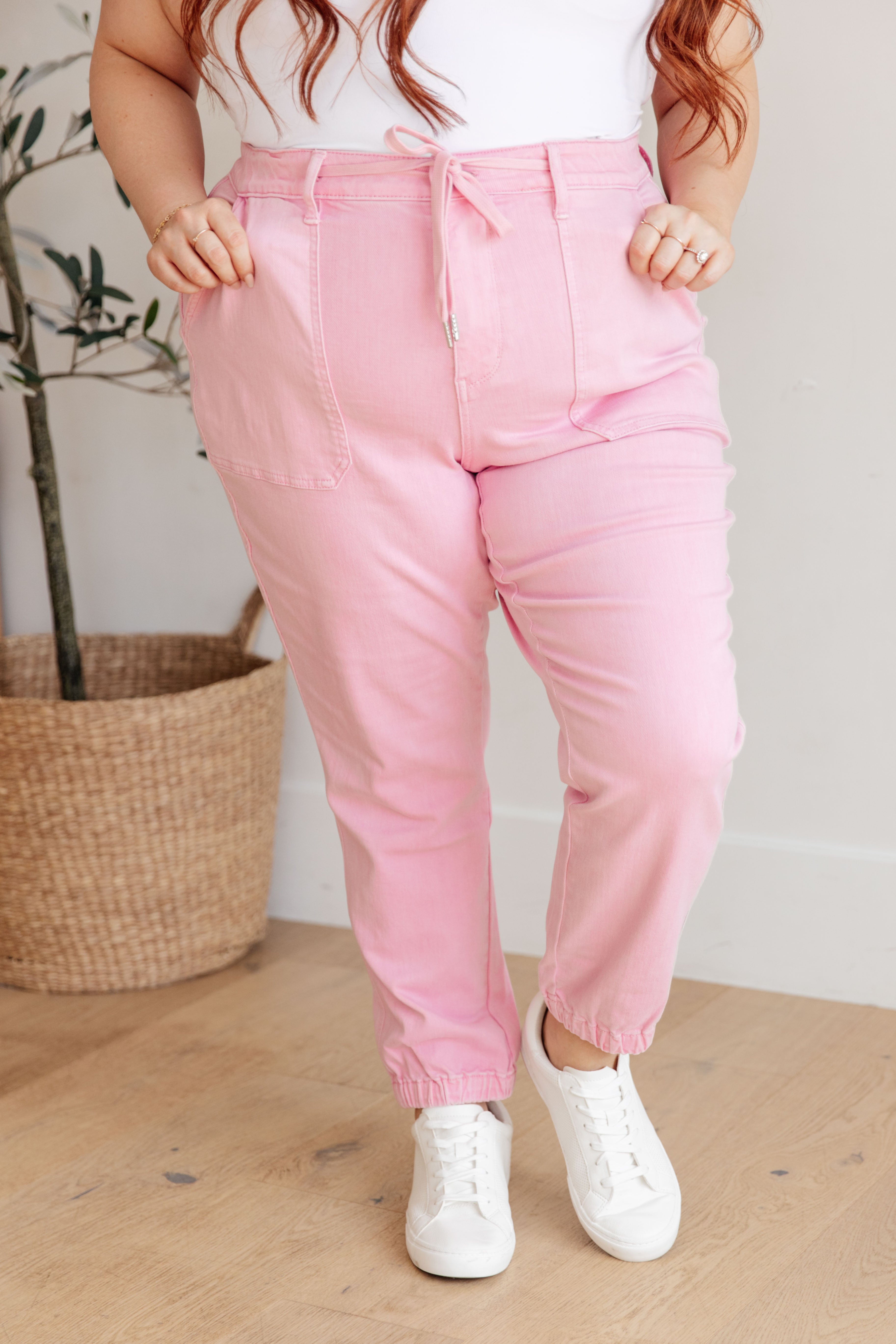 Judy Blue Regina High Rise Garment Dyed Denim Jogger in Pink Jeans