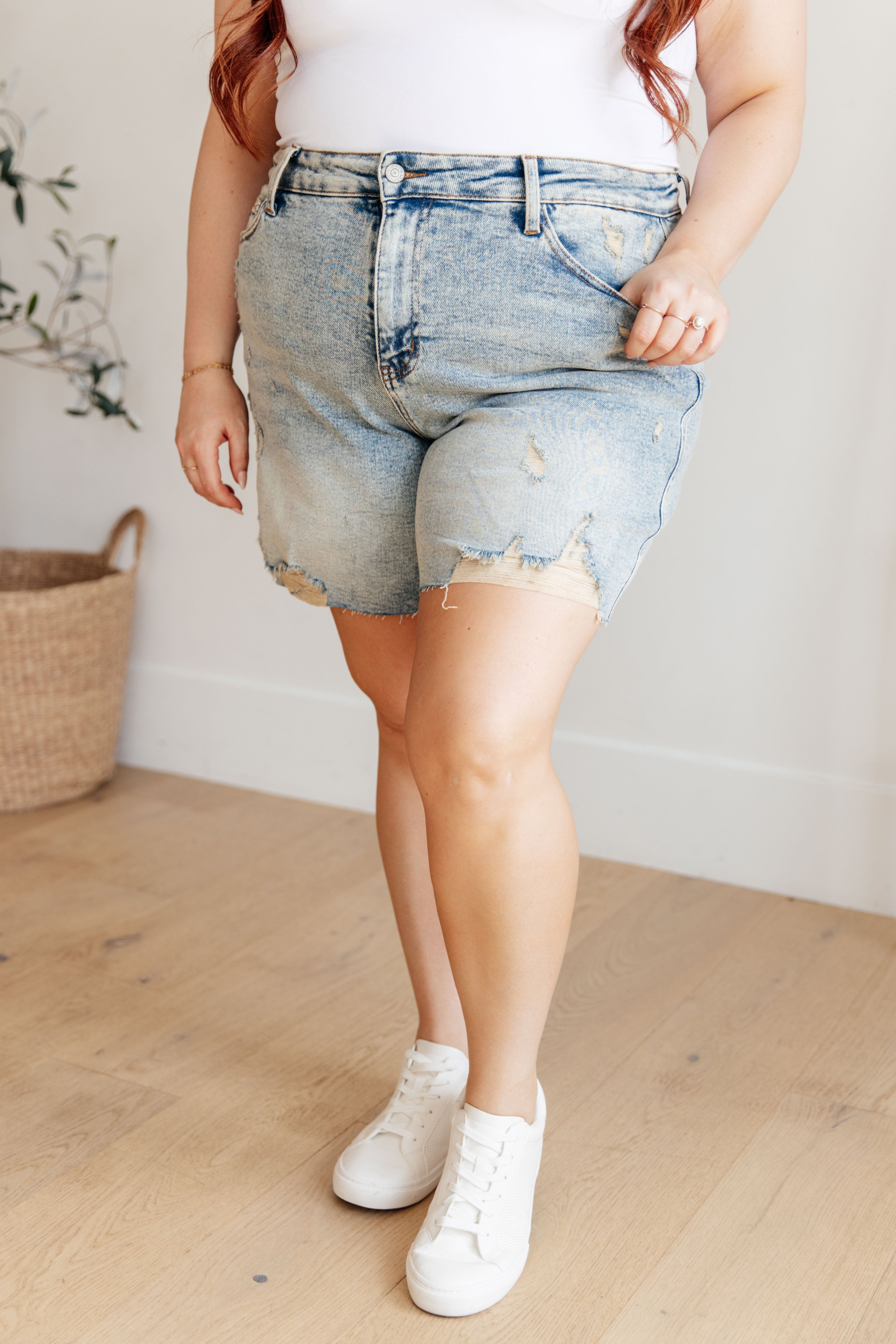 Judy Blue Cindy High Rise Mineral Wash Distressed Boyfriend Shorts Denim