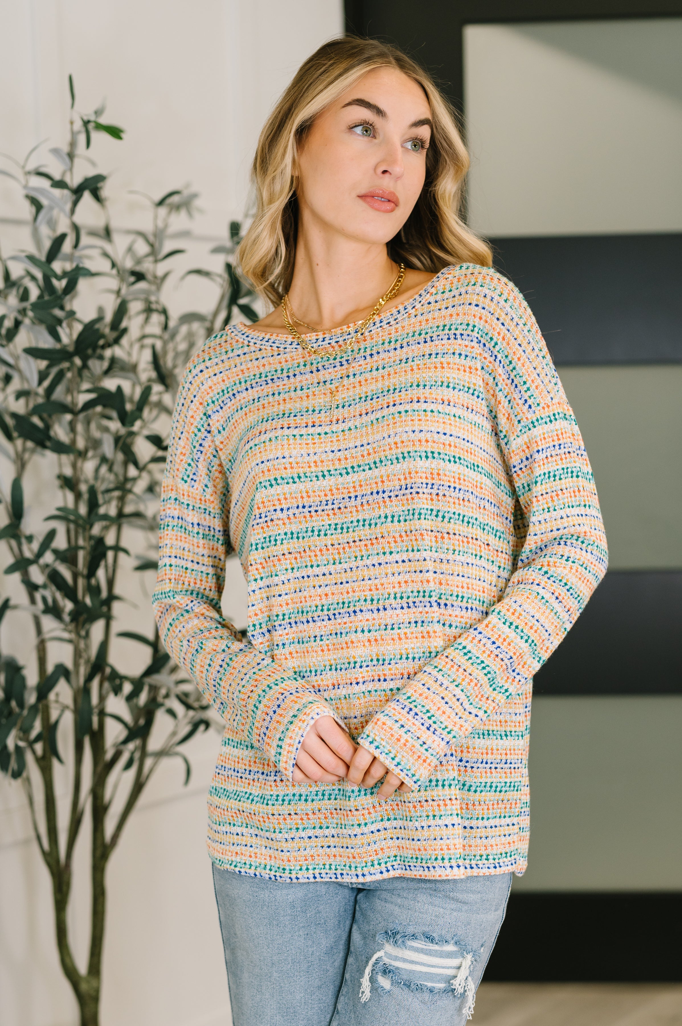 Haptics Just About Right Texturued Longsleeve Top in Multi Womens