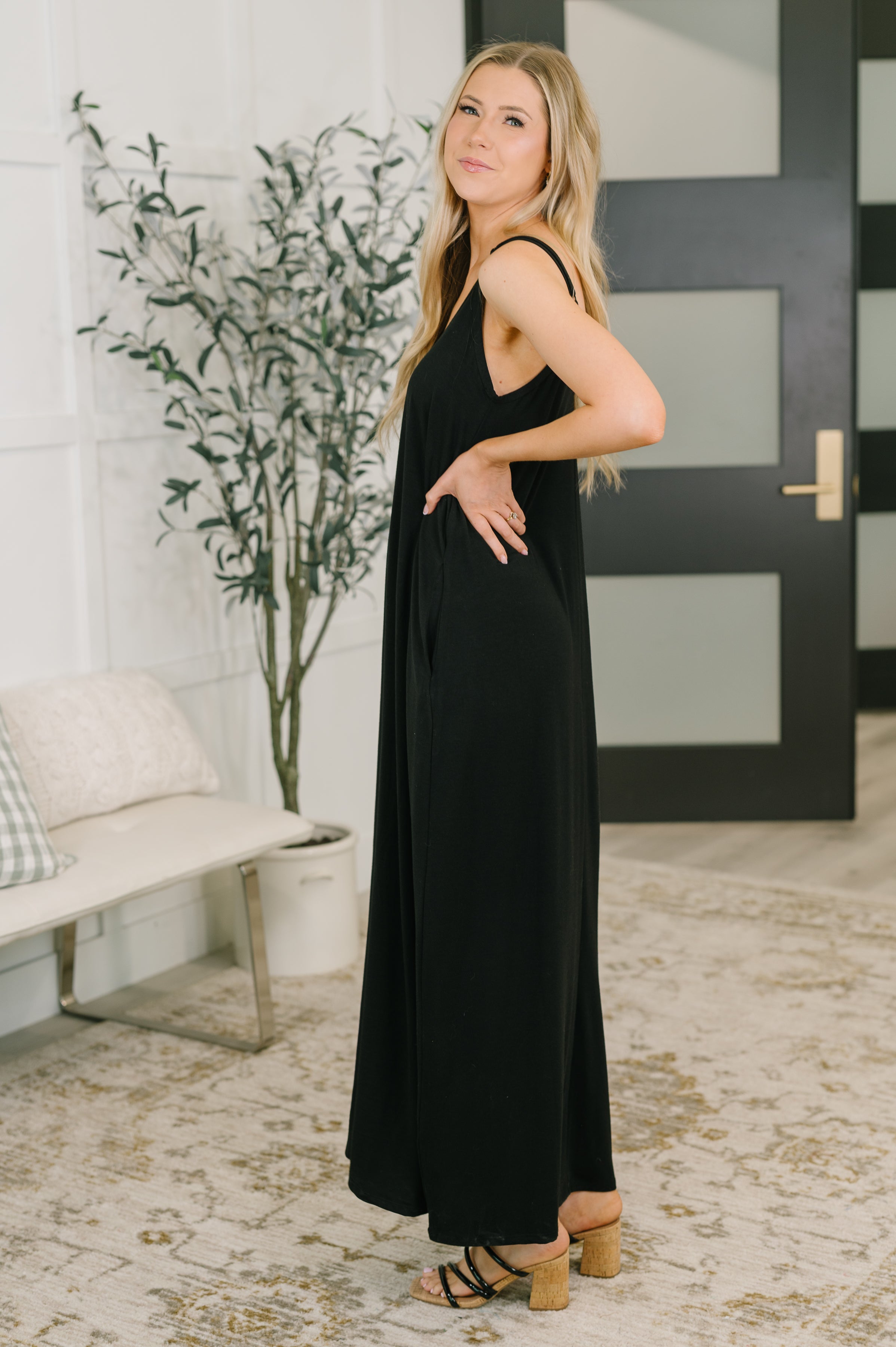 Zenana Just Getting Started Spaghetti Strap Maxi Dress in Black Womens
