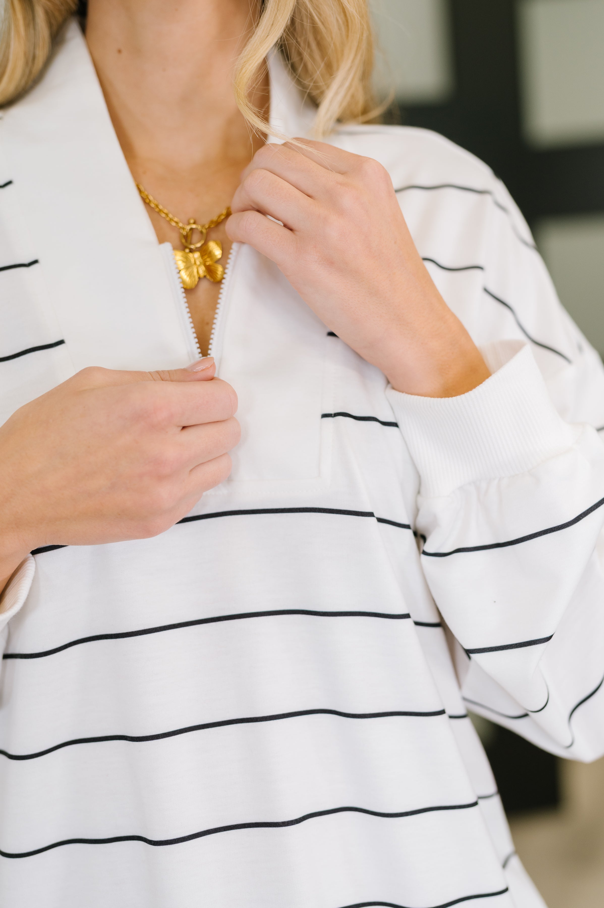 One Eleven North Just My Stripe Zipper Top Womens