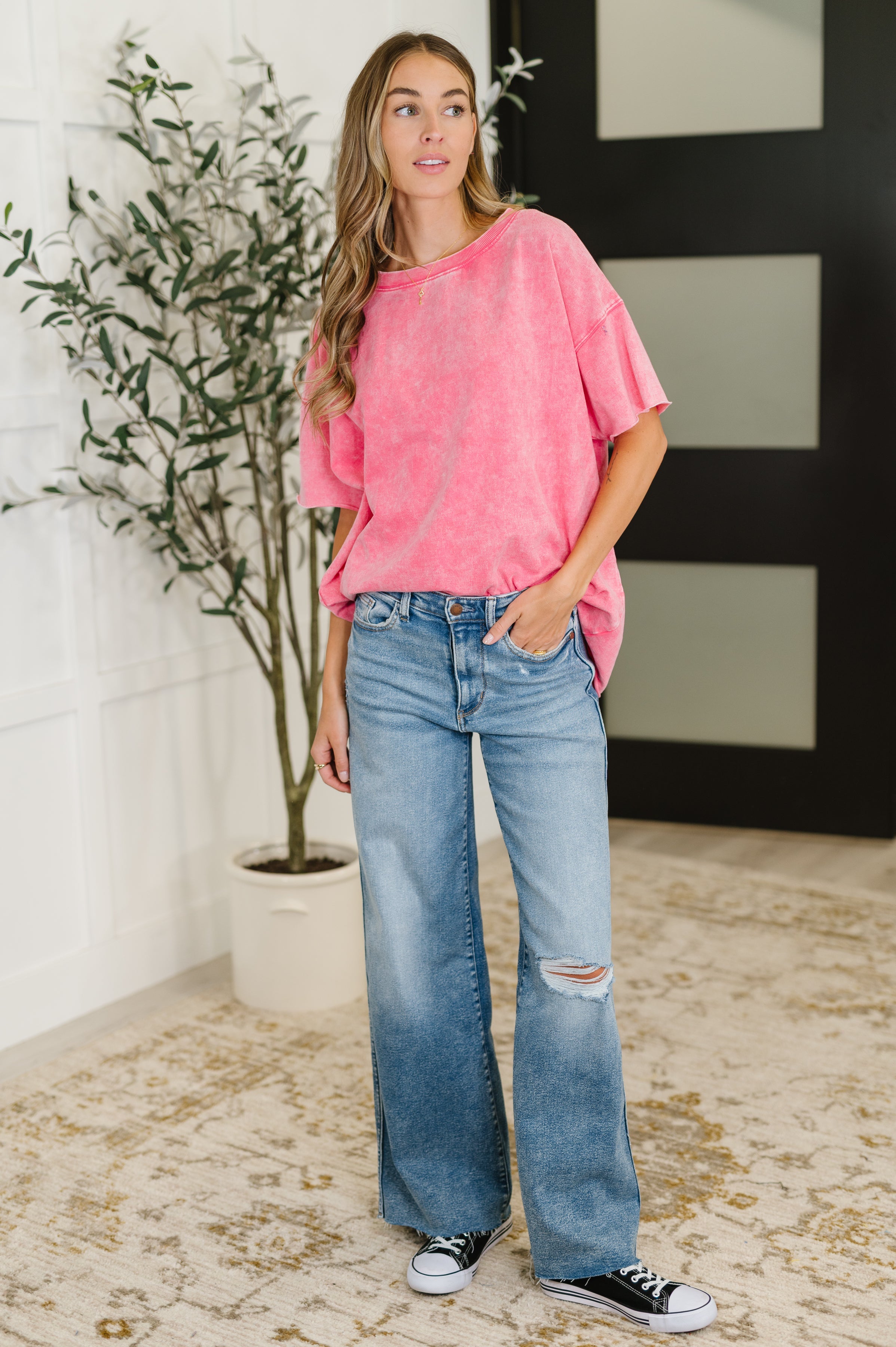 Zenana Just My Type Mineral Wash Relaxed Top in Fuchsia Womens