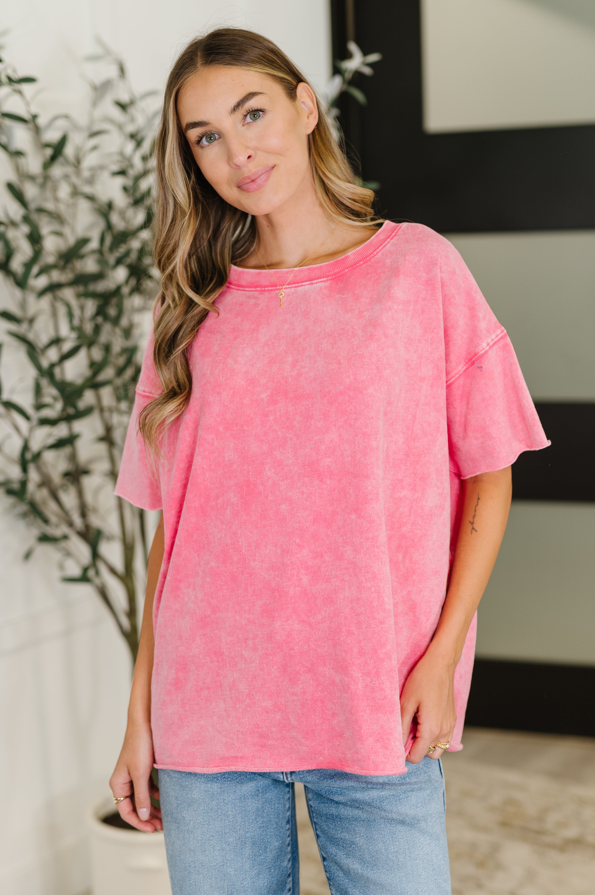 Zenana Just My Type Mineral Wash Relaxed Top in Fuchsia 2XL Womens