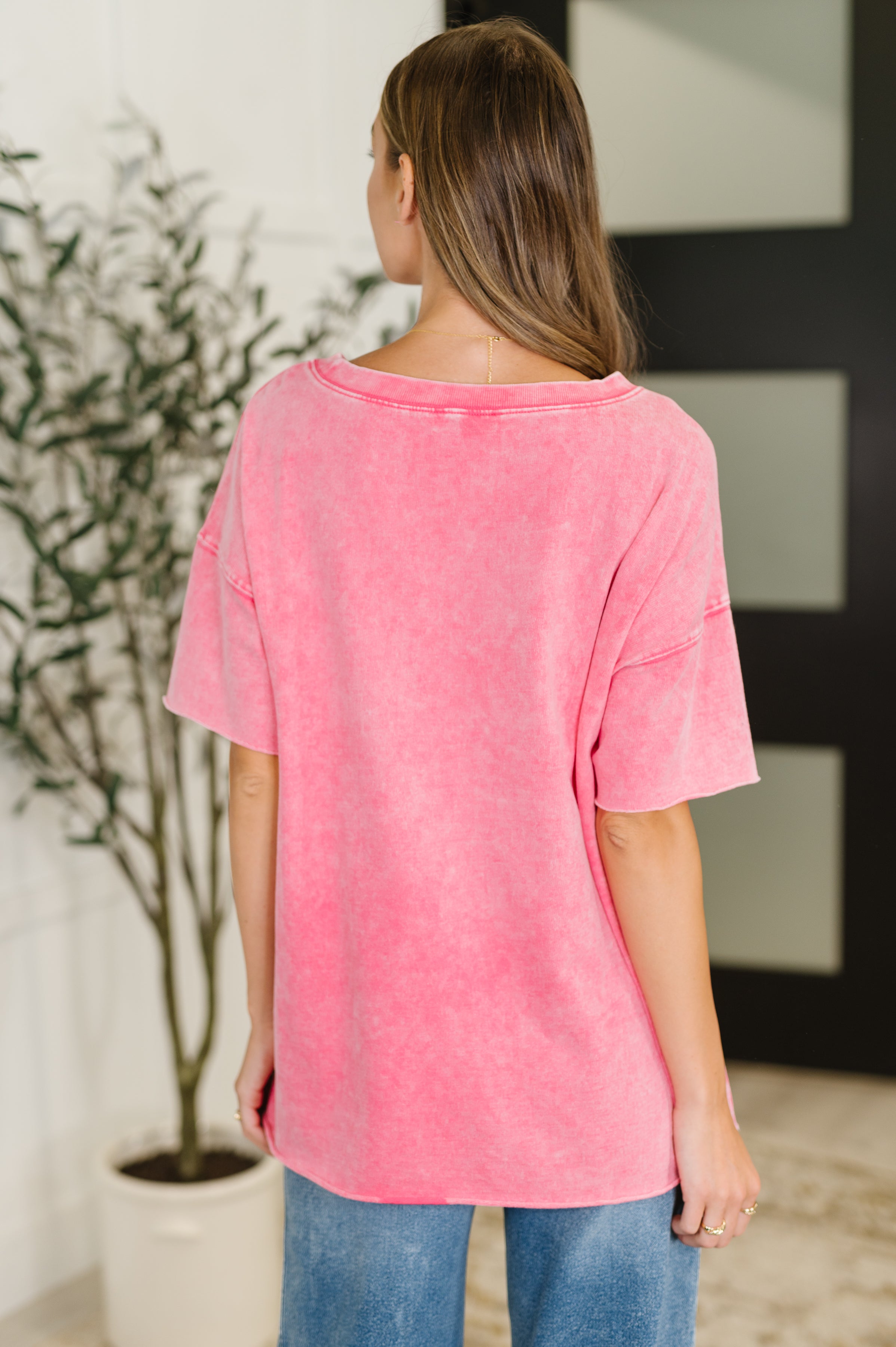 Zenana Just My Type Mineral Wash Relaxed Top in Fuchsia Womens