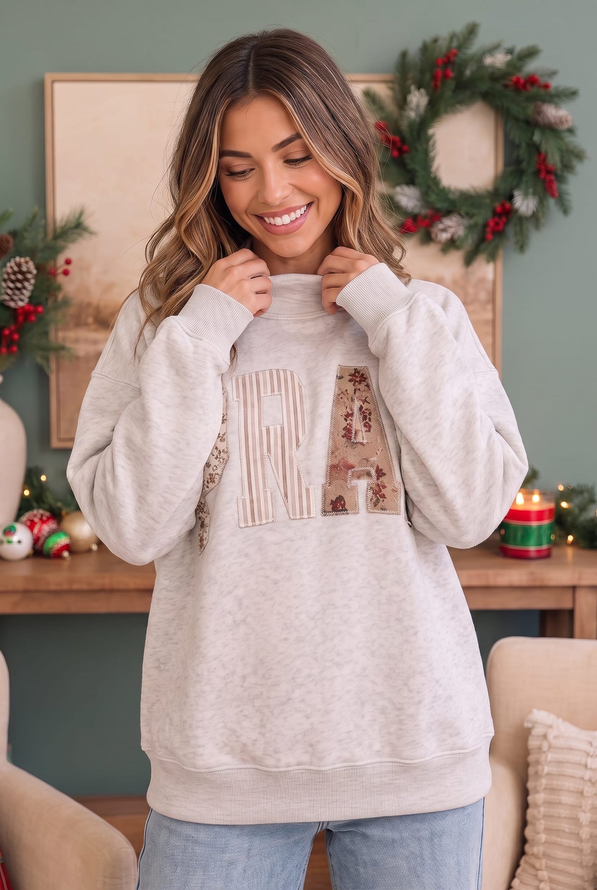 Kori Patchwork Prayers Graphic Sweatshirt in Oatmeal