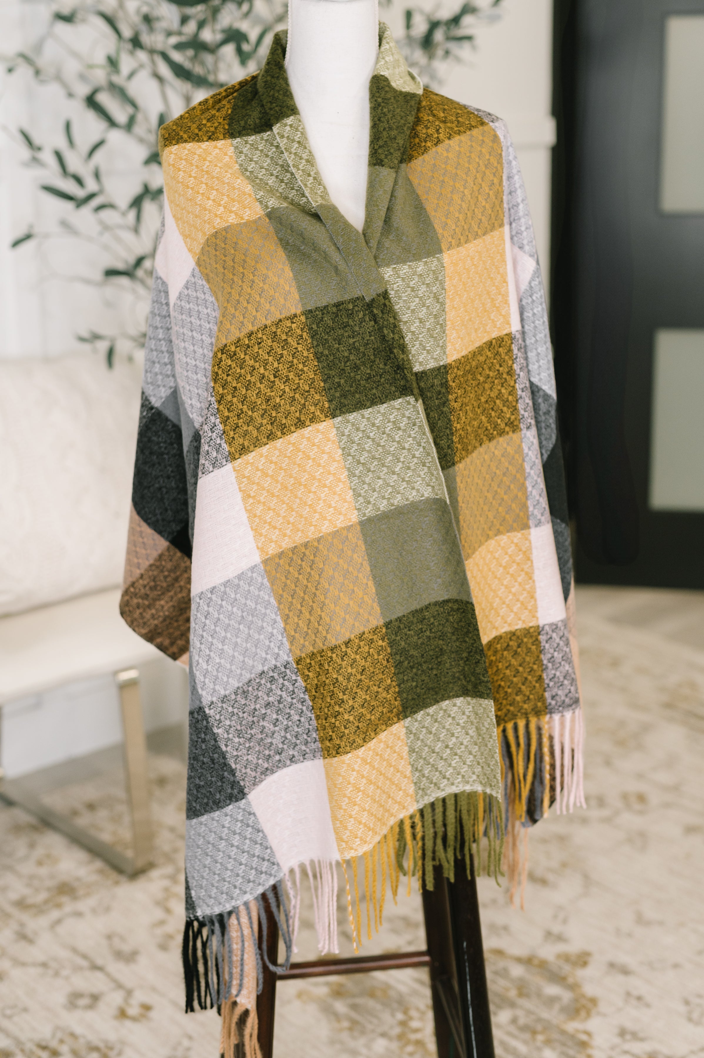 Keep Me Cozy Checkered Fringe Scarf in Woodland Shades Accessories