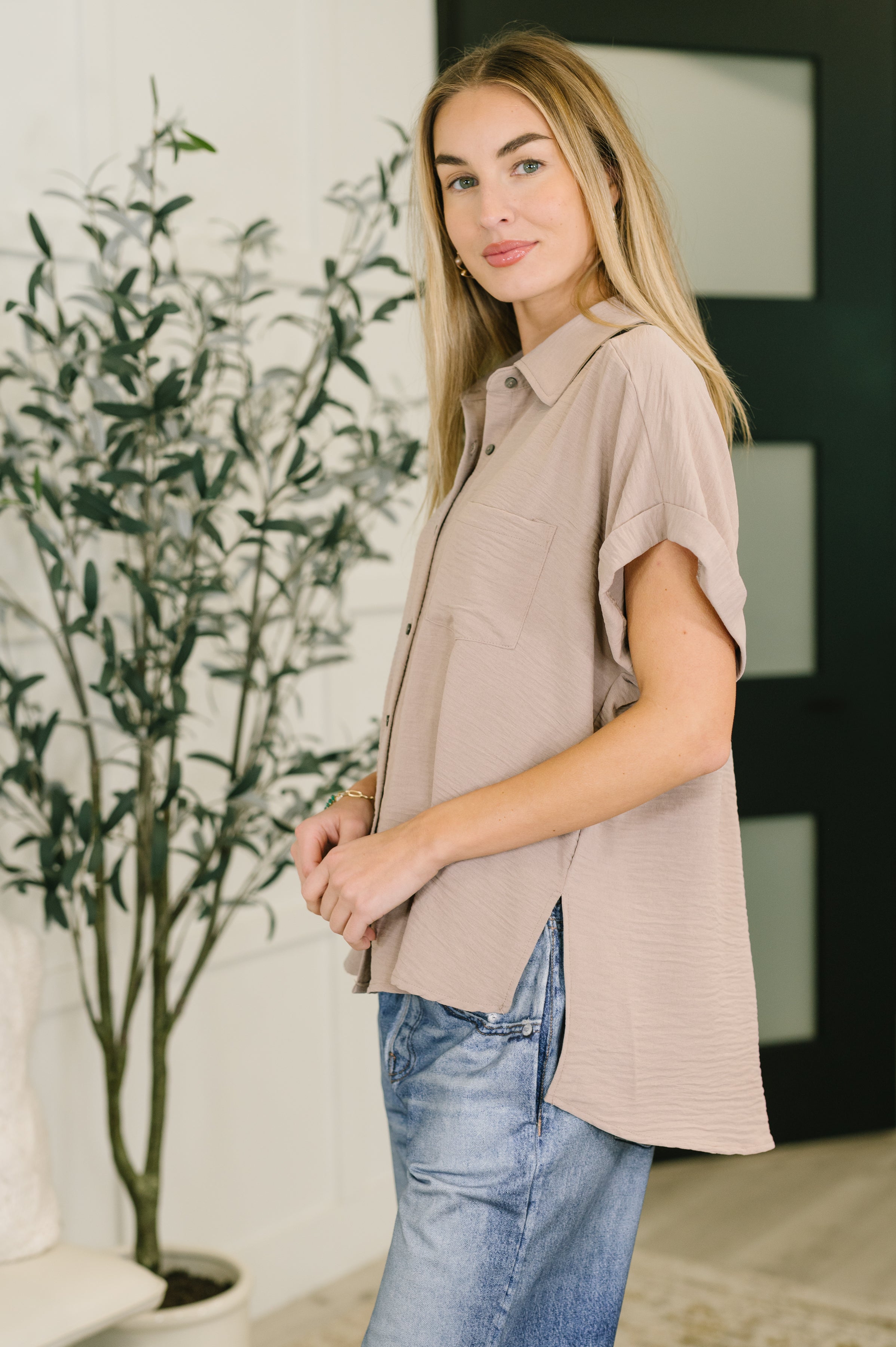 Zenana Keep Up Collared Button Down in Ash Mocha Womens