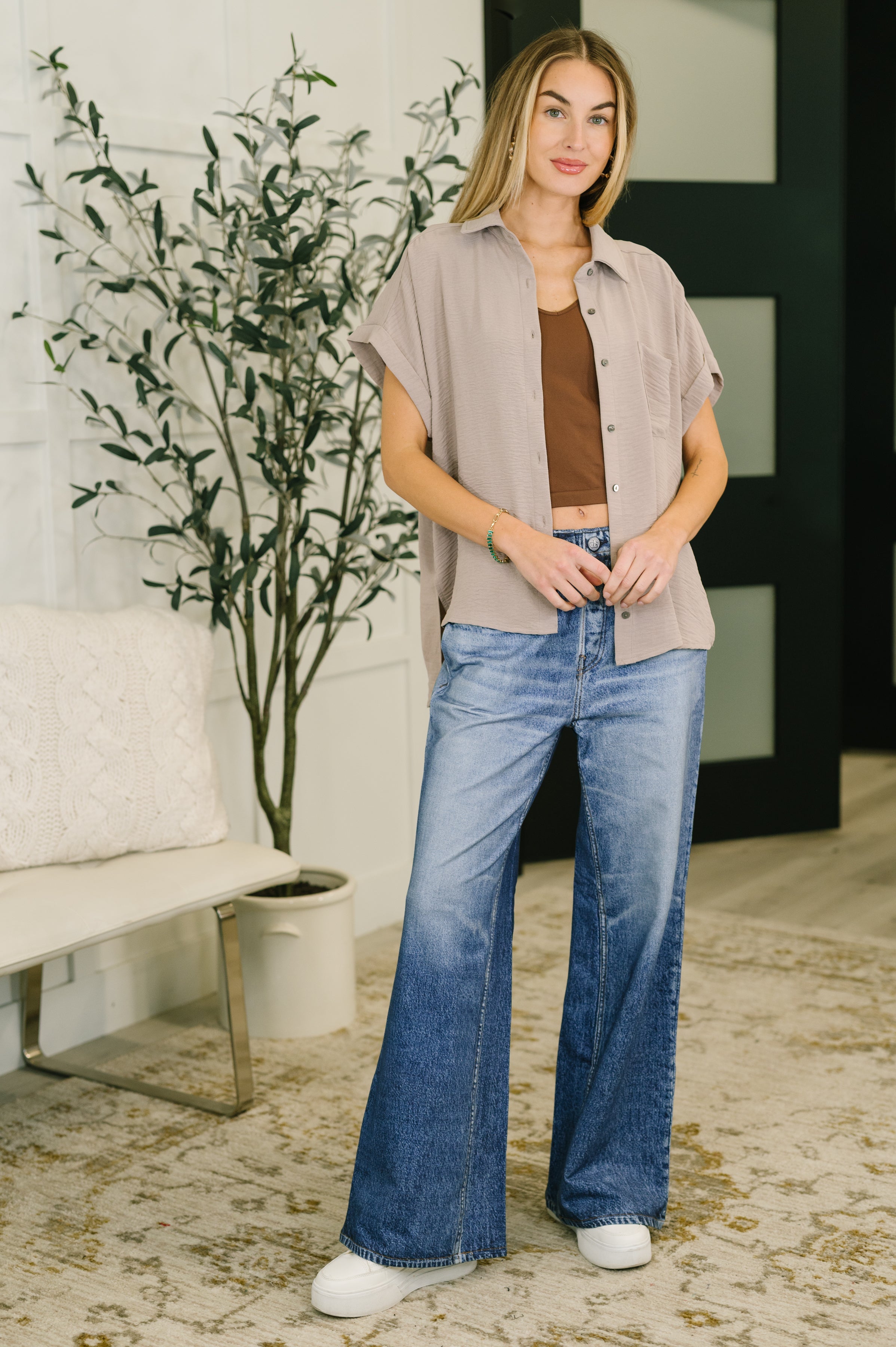 Zenana Keep Up Collared Button Down in Ash Mocha Womens