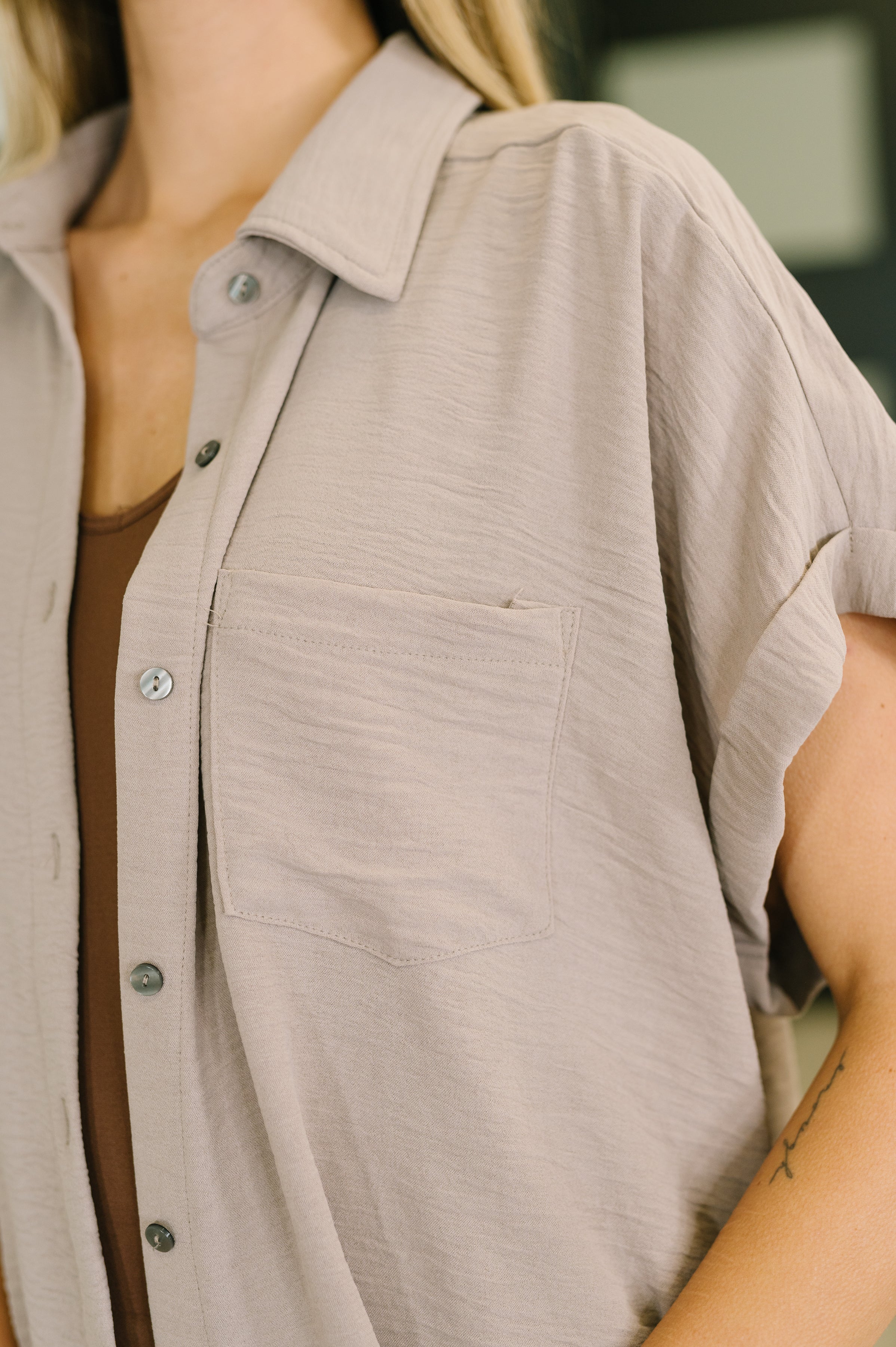 Zenana Keep Up Collared Button Down in Ash Mocha Womens