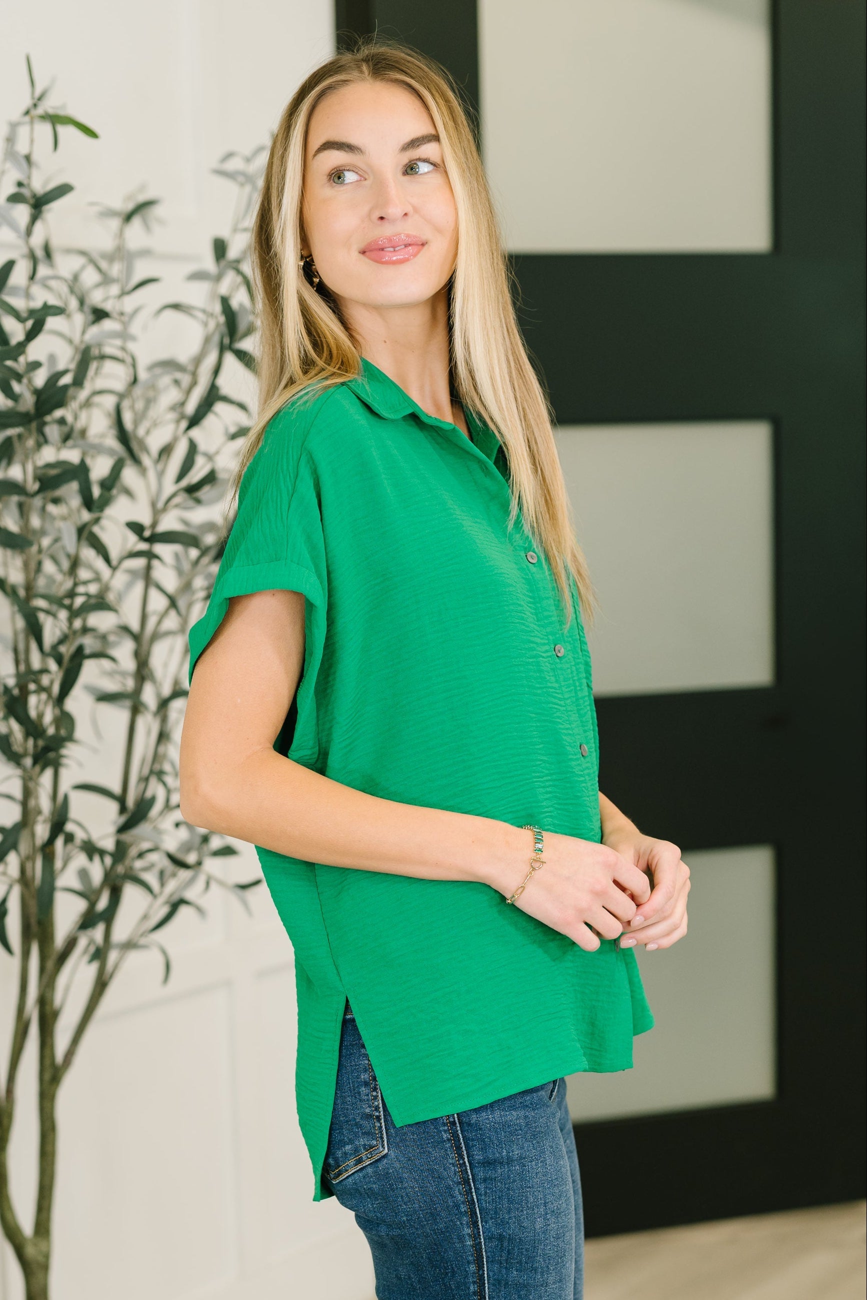 Zenana Keep Up Collared Button Down in Green Womens