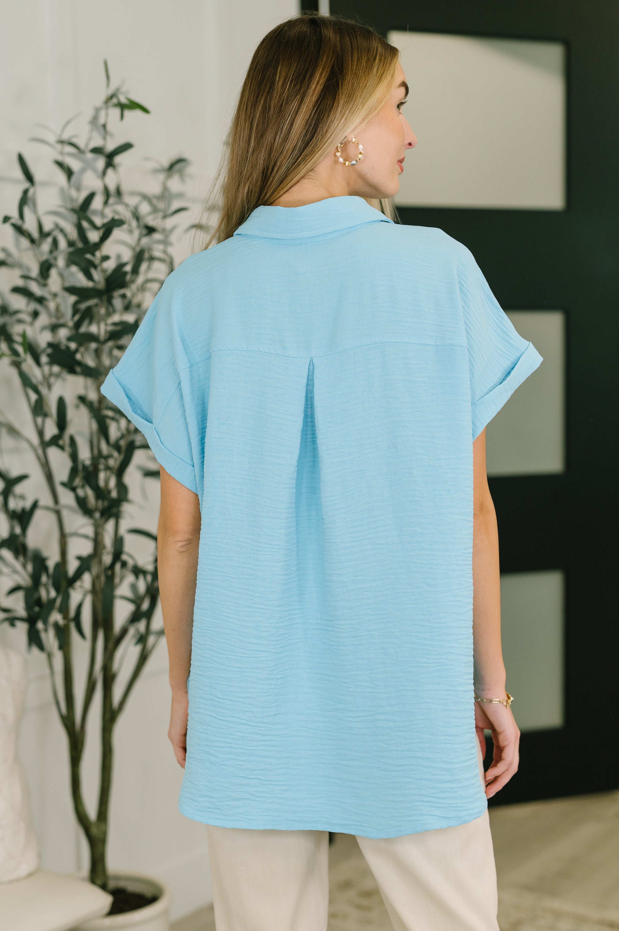 Zenana Keep Up Collared Button Down in Sky Blue Womens