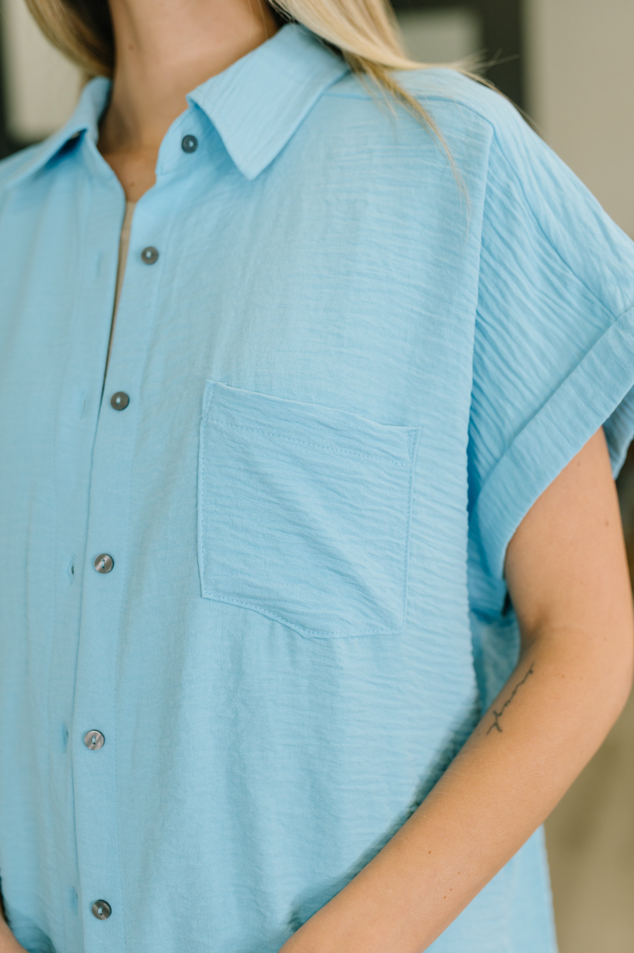 Zenana Keep Up Collared Button Down in Sky Blue Womens