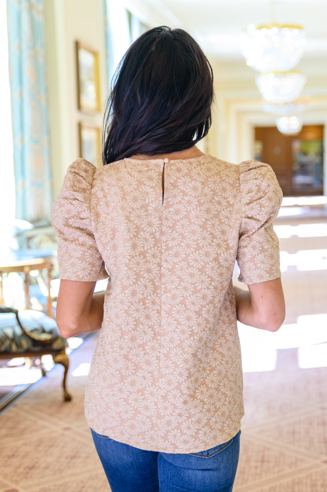 Mittoshop Kelsi Jacquard Puff Sleeve Top In Tan Womens