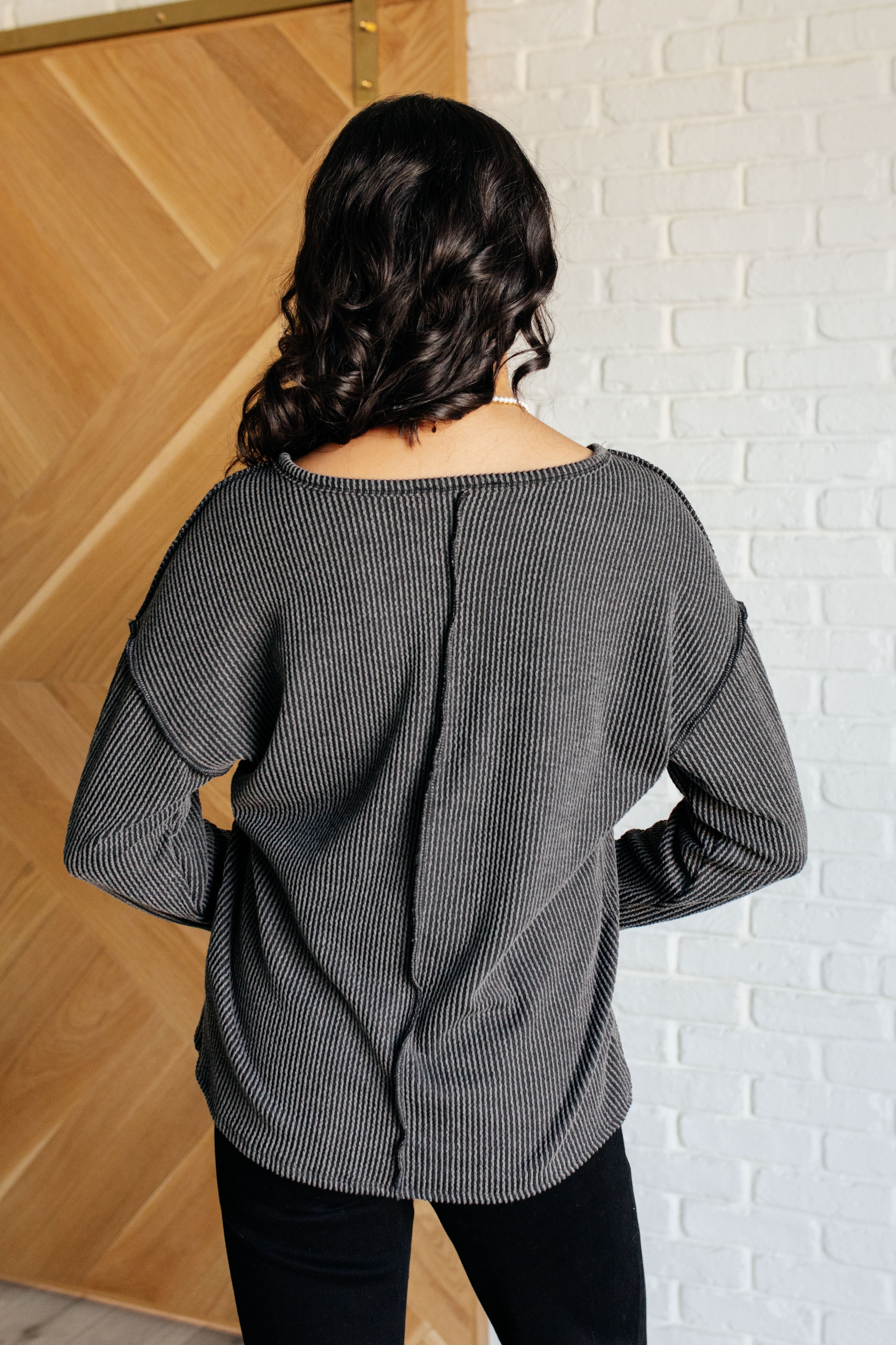 Haptics Kinda Sorta Ribbed Top in Charcoal Shirts & Tops
