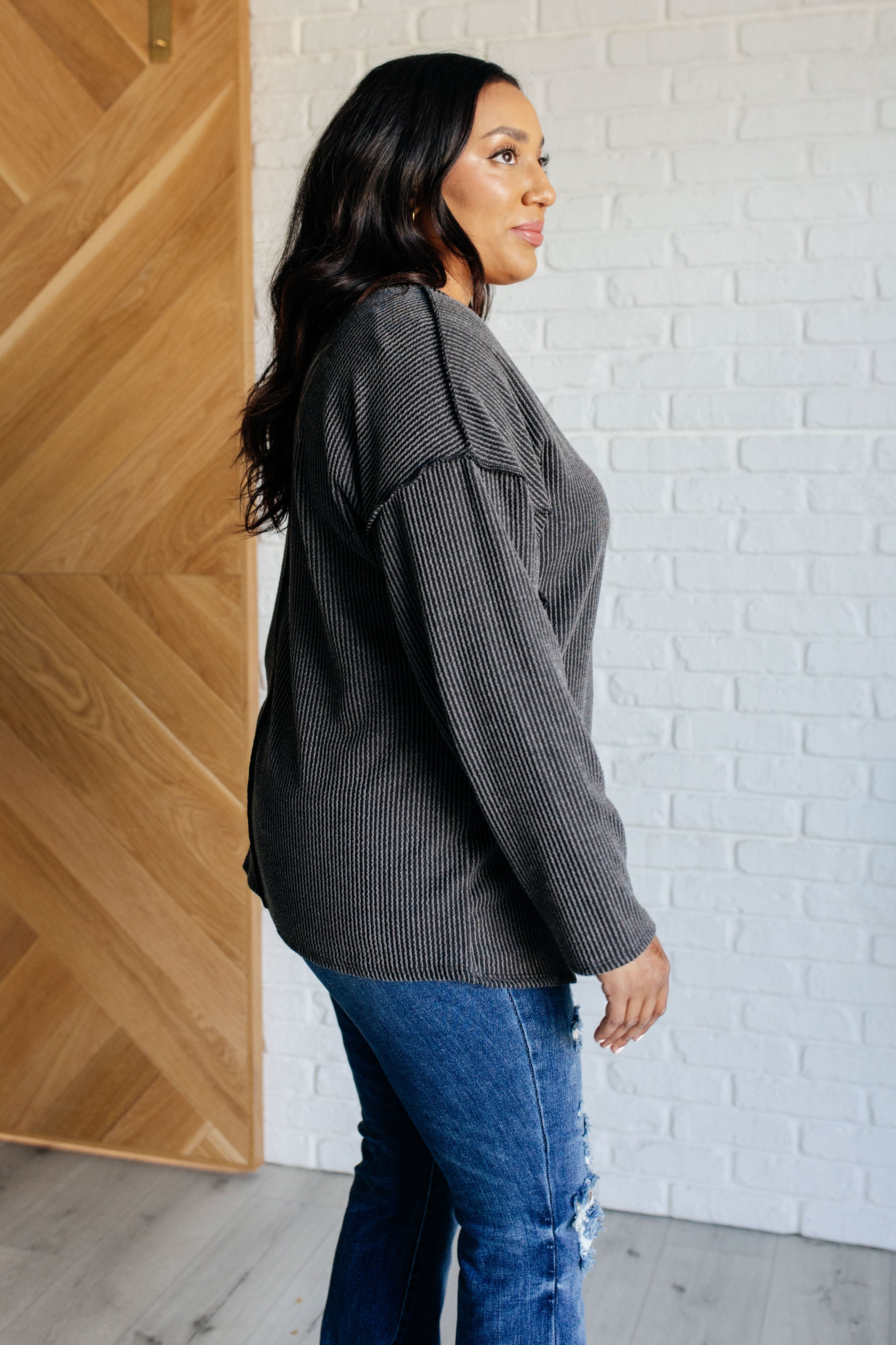 Haptics Kinda Sorta Ribbed Top in Charcoal Shirts & Tops