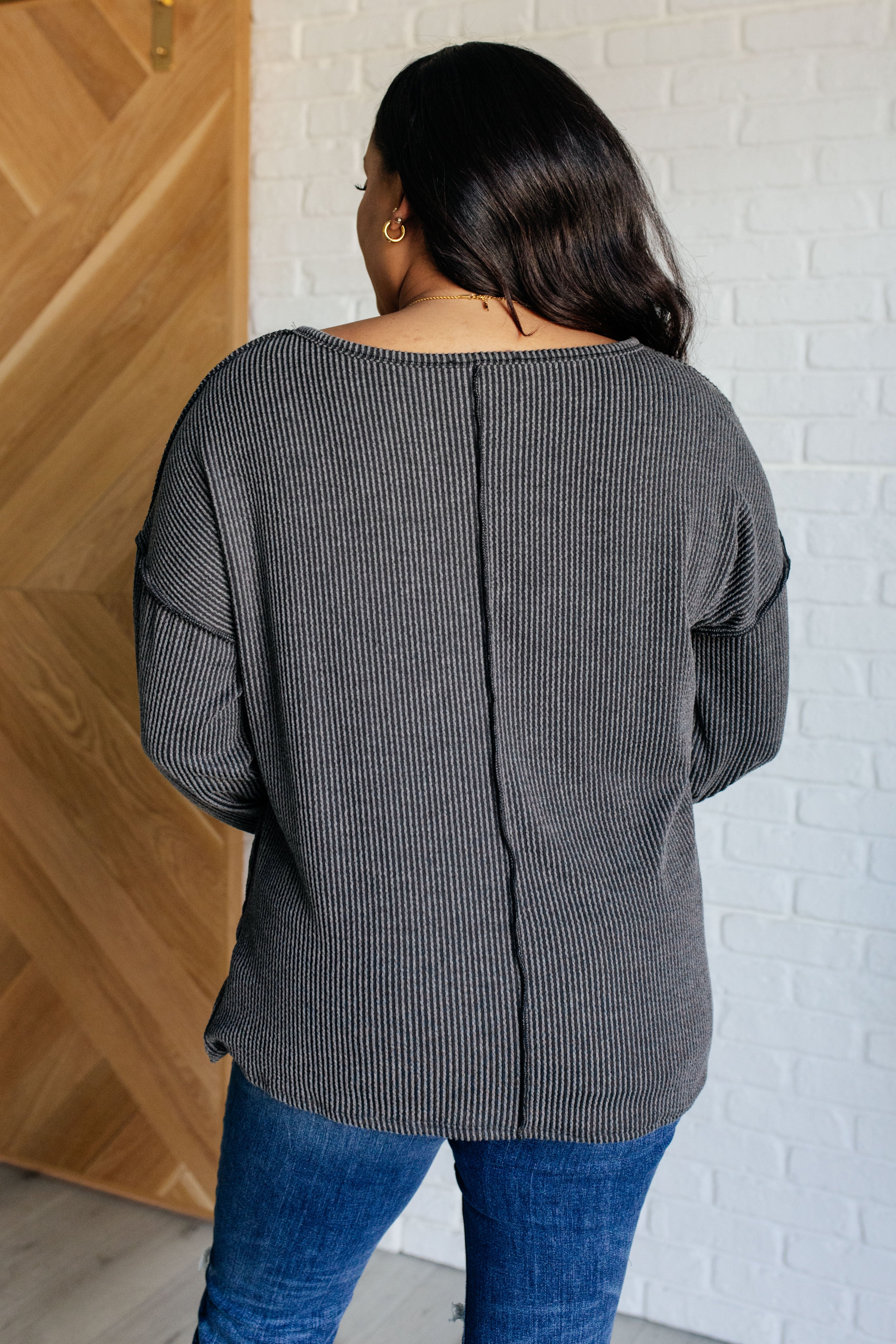 Haptics Kinda Sorta Ribbed Top in Charcoal Shirts & Tops