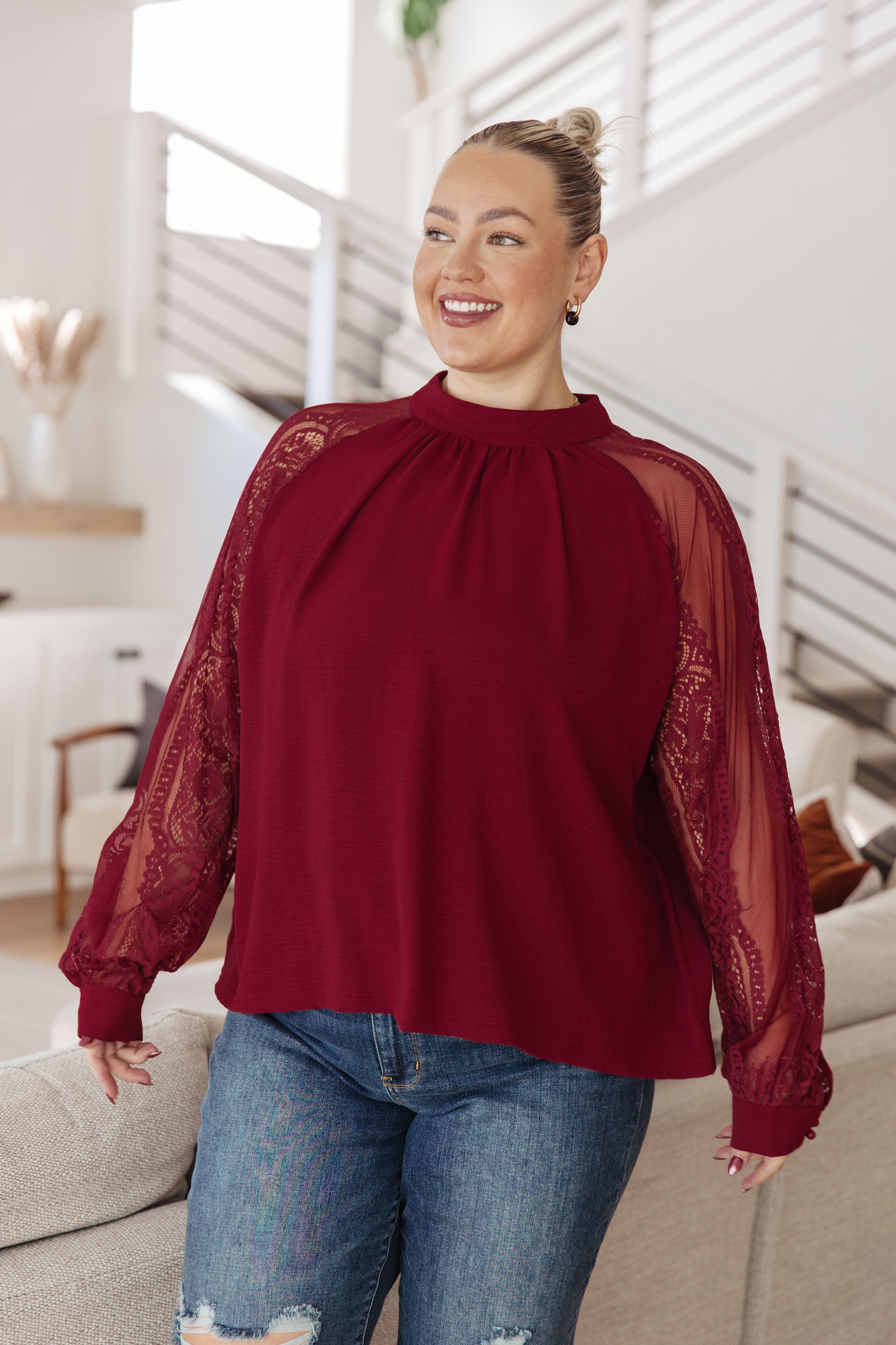 White Birch Lace on My Sleeves Blouse in Wine Tops